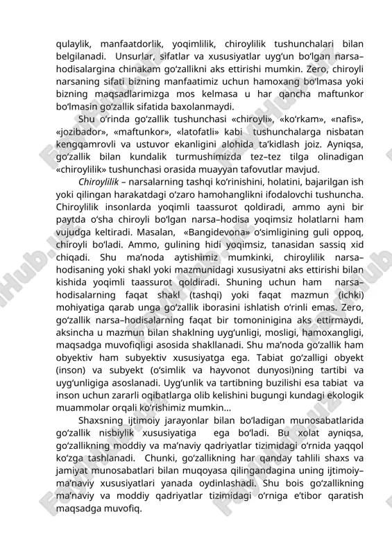 qatligini sinab ko‘rishda muhim ahamiyat kasb etadi. 2-masala. estetika kategoriyalarining tasnifi. go‘zallik va uning muqobillari. ulug‘vorlik. fojeaviylik (tragediya), kulgililik kategoriyasi. har bir fanning muayyan tadqiqot obyekti bo‘lib, bu obyekt tabiat, jamiyat va tafakkur haqida yangi bilimlar hosil qilishga qonun va kategoriyalar asosida olamni yangidan idrok etishga qaratilgan bo‘ladi. ma’lumki, dialektikaning biror-bir kategoriyasini voqyelikdan ayri holda tasavvur etib bo‘lmaydi. chunki, bu kategoriyalar (yaxlitlik, qism, zaruriyat, tasodif, mohiyat, sifat va h.k) insonni o‘rab turgan olamda sodir bo‘ladigan voqyea-hodisalar haqida aniq xulosalar chiqarishga, ularni to‘g‘ri tahlil etishga ko‘mak beradi. estetika ham falsafiy fan sifatida o‘zining qonun va kategoriyalariga ega. estetika kategoriyalari (go‘zallik, hunuklik, ulug‘vorlik, tubanlik, fojiaviylik, kulgililik va h.k.) inson va tabiat, inson va jamiyat, inson va ijtimoiy borliq bilan doimo hamkorlikda vujudga keladi. estetika kategoriyalarining yaxlit tizimini ishlab chiqish muammosi ko‘p yillardan buyon olimlar e’tiborini jalb etib kelmoqda. bu borada go‘zallik, ulug‘vorlik, fojiaviylik, kulgulilik, xunuklik kabi an’anaviy ko‘rinish ko‘pgina adabiyotlarda o‘z aksini …