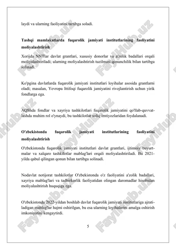 ni kengaytirish, monitoring va baholash imkoniyatlarini rivojlantirish zarur. ochiqlik siyosati doirasida davlat organlarining nntlar bilan hamkorligini kuchaytirish, shuningdek, ularning faoliyatini tartibga soluvchi 50 dan ortiq normativ-huquqiy hujjatlarni takomillashtirish lozim. xulosa va tavsiyalar chet el tajribasidan kelib chiqib, o'zbekistonda nntlarning huquqiy bazasini takomillashtirish bo'yicha aniq 3-5 ta normativ-huquqiy o'zgarishlar bo'yicha tavsiyalar ishlab chiqish zarur. fuqarolik jamiyati institutlarining o'zbekiston va xorijiy mamlakatlardagi faoliyatini taqqoslaganda aniqlangan 2 ta asosiy kamchilikni bartaraf etish strategiyasini ishlab chiqish lozim. o'zbekistonda fuqarolik jamiyati institutlarining rolini kuchaytirish uchun 4 ta aniq yo'nalish bo'yicha, xususan, davlat-nnt hamkorligini rivojlantirish bo'yicha takliflar tayyorlash kerak. xulosa xorijiy davlatlardagi fuqarolik jamiyati institutlari va o'zbekistondagi holatni qiyosiy tahlil qilish rivojlanish yo'llarini aniqlash va tajriba almashish uchun muhimdir. foydalanilgan adabiyotlar 1. xalqaro tashkilotlar va o'zbekiston nodavlat notijorat tashkilotlari: hamkorlik istiqbollari. (mualliflar aniq ko'rsatilmagan). toshkent, 2020. 2. raxmonov, q. "fuqarolik jamiyati institutlarining roli va ahamiyati o'zbekistonda." ijtimoiy fikr. inson huquqlari. 2015, №3. 3. weinstein, j. stites, …