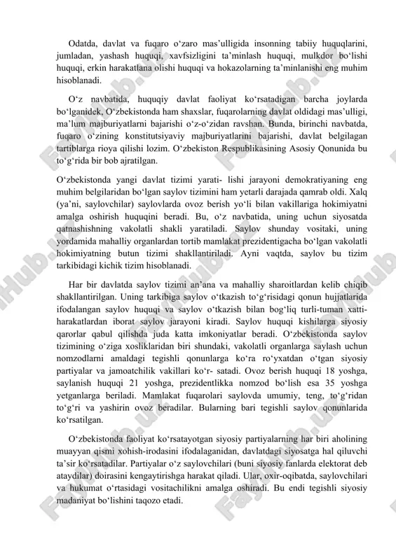 ‘zaro mas’ulligi g‘arb dunyosida asoslari qurilib faoliyat ko‘rsatayotgan huquqiy davlat xilida hokimiyat mansabdorlarining fuqarolar qoshida ularning huquq va erkinliklari uchun mas’ulligiga e’tibor qaratiladi. albatta, bu yerda mas’uliyat o‘z-o‘zicha amalga oshmaydi, balki yaratib qo‘yilgan huquqiy asoslarga tayanib inson erkinligi va huquqlarining poymol etilishida aybdor bo‘lganlarning qonun oldida javob berishi ta’minlanadi.boshqacha aytganda, tegishli me’yoriy hujjatlar mavjudligidagina bu hol amaliy ahamiyat kasb etadi. gap bu yerda konstitutsion sud va davlatning butun sud tizimidagina emas, balki amaldagi qonunlarning o‘zini insonparvarligi, adolat mezonlariga to‘la javob berishligi va hokazolar belgilovchi bo‘lishi to‘g‘risidadir. o‘zbekistonda fuqarolar oldida davlat idoralarining mas’ulligi, fuqarolar haq-huquqlarining buzilmasligi kafolati konstitutsiyaviy qoida hisoblanadi. uning asosiga birlashgan millatlar tashkiloti tomonidan 1948-yil 10-dekabrda qabul qilingan inson huquqlarining umumjahon deklaratsiyasi va xalqaro hamjamiyatning tegishli hujjatlari qoidalari qo‘yilgan. jumladan, bmtning 30 moddadan iborat hujjatida «barcha insonlar sha’ni hamda huquqlari jihatidan tengdir. ularga aql va vijdon berilgan, bir-biriga nisbatan birodarlik ruhida munosabatda bo‘lishlari lozim»ligi ko‘rsatilgan. bunga ko‘ra, davlatning tegishli …