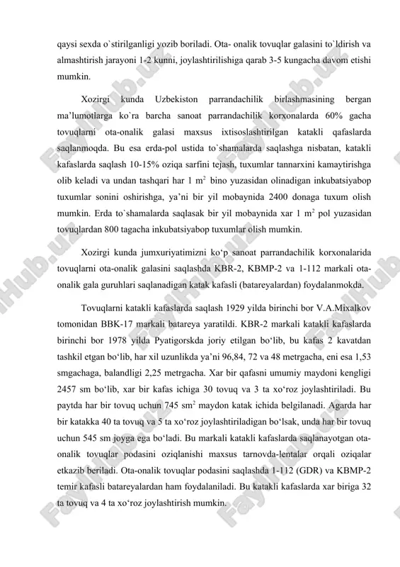 tovuq va 3 ta xo‘roz joylashtiriladi. bu paytda har bir tovuq uchun 745 sm2 maydon katak ichida belgilanadi. agarda har bir katakka 40 ta tovuq va 5 ta xo‘roz joylashtiriladigan bo‘lsak, unda har bir tovuq uchun 545 sm joyga ega bo‘ladi. bu markali katakli kafaslarda saqlanayotgan ota-onalik tovuqlar podasini oziqlanishi maxsus tarnovda-lentalar orqali oziqalar etkazib beriladi. ota-onalik tovuqlar podasini saqlashda 1-112 (gdr) va kbmp-2 temir kafasli batareyalardan ham foydalaniladi. bu katakli kafaslarda xar biriga 32 ta tovuq va 4 ta xo‘roz joylashtirish mumkin. ota-onalik tovuqlar galasida yoshiga qarab galadan chiqirish (bonitirovka) parrandalarni yuqori mahsuldorga ega bo`lgan galasini yaratishda va kerakli darajada inkubatsiyabop tuxumlar olishda yoki katta yoshdagi parrandalarni to`g‘ri oziqlantirilishi bog‘liq. maxsus uzbekiston parrandachilik birlashmasi tomonidan tasdiqlangan oziqlantirish (normalarga) me’yorlarga muvofiq va asoslangan xolda nasldor parrandalarga omixta emlar belgilangan retseptlarda beriladi. parrandalarni oziqlantirishda texnologik jarayonlarni hisobga olgan xolda tovuqlarni fiziologik xolati yoshi hisobiga olinadi. berilayotgan omixta em (kombikorma) tarkibi, oziklantirish …