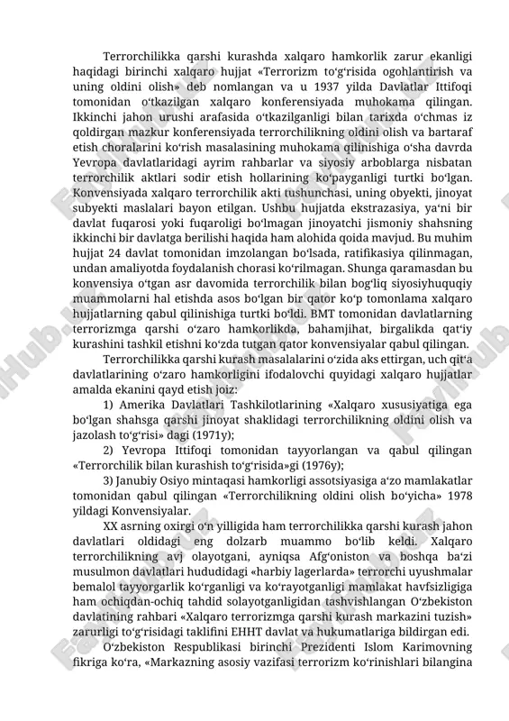 havfli tus olib, kuchayib borayotganligi jahonda jinoya tchilikning keskinlashuviga ta‘sir etdi. hozirda terrorchilik miqyosi kengayishi hafi yanada yaqqalroq ko‘zga tashlanmoqda. ayrim ma‘lumotlarga ko‘ra, terrorchilar yadroviy, kimyoviy va biologik qurollardan ham jinoiy maqsadlarni amalga oshirishda foydalanish bilan tahdid qilishlari mumkin. shuningdek, ular insonning hayoti va sog‘lig‘iga bevosita ta‘sir etmagan holda kompyuter tarmoqlaridan ham jinoiy qilmishlari yo‘lida foydalanib, harbiy harakatlarni boshlash niyatida ekanligi ma‘lum. kompyuter tizimi yordamida terrorchilik harakati sodir etish (kiberterrorizm) hisoblash markazlari, tibbiyot sohasi va harbiy bazalarni boshqarish, bank va boshqa moliyaviy tarmoqlarni izdan chiqarishga mo‘ljallangan. davlat muassasalari va boshqalarga zarba berish, iqtisodiy zarar etkazish, ba‘zi bir katta aeroportlardagi aloqa tarmoqlarini ishdan chiqarish behisob kishilar o‘limiga sabab bo‘lishi mumkin. terrorchilarning hatto kosmosdagi texnikaviy asboblarni qo‘lga kiritib, ulardan ham jinoiy maqsadlarda foydalanish imkoniyatlari borligi ehtimoldan xoli emas. keyingi yillarda sodir qilinayotgan terrorchilik jinoyatlarining ko‘pchiligi zamirida siyosiy maqsad yotishi aniqlangan. terrorchilikka va terrorchilik harakatlariga asoslangan jinoiy faoliyatlarning gurkirashiga narkotik moddalar bilan noqonuniy …