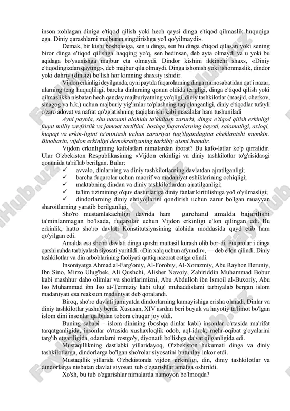 i o’ziga xosdir. bu tarixiy jarayonning mazmunini dinning qadimgi shakllari va elementlari totemizm, fetishizm, animizm, shamanizm, ko’ktangrichilik, otashparastlik, buddaviylik, xristianlik va islomdan tashkil topgan dinlarning tarixi tashkil qiladi. markaziy osiyo xalqlari tarixida ibtidoiy dinlar parallel ravishda jahon dinlari esa oldinma-ketin o’rin olgan. ayni shu xolat markaziy osiyo xalqlari dinlarining rivojlanib borishining o’ziga xos jihatidir. qadimgi qabilalar va xalqlarning dini haqida gapirilganda bular yalpisiga buddaviy, otashparast, zardusht deb gapirilishi haqiqatga to’g’ri kelmaydi. ayniqsa qadimgi davrda samarqand, buxoro shaharlarida islomgacha bir necha xil, jumladan, otashparast, zardusht, buddaviylik va nasroniyning cherkov va ibodanxonalari yonmayon turgani ma’lum. xatto bir xalqning bir qismi u dinga, ikkinchi qismi esa boshqa dinga topingan bo’lishi mumkin. massagetlarning zardushtiy dinida deb ham, otashparast, quyoshga sig’inib ot so’yadilar, deb ham yozilganini ko’rib hayron bo’lmaslik kerak. chunki ajdodlarimizdan biri bo’lgan bu xalq (ayniqsa hayotning ko’chmanchiligi davrida) sir, amu, kaspiy bo’ylaridan tortib hindiston, pomir tog’larida ham yashagani aytiladi. ularning bir yerdagisi zardusht, …