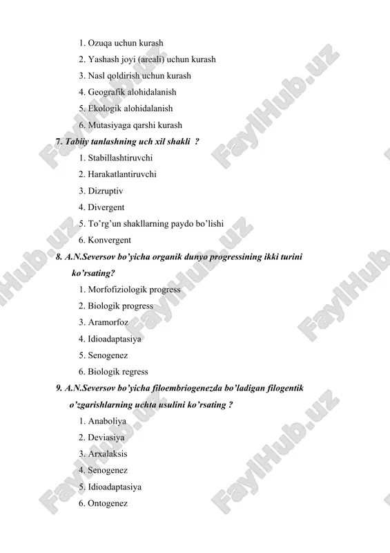 skeletning to’liq shakllanishi 14. sut emizuvchilar qon tomir sistemasining evolyusiyasidagi uchta yo’nalishi ? 1. yurak paydo bo’lishi va kameralar sonining ortishi 2. qon tomirlarining katta va kichik doiralarga ajralishi 3. yurakning chap arterial va ung venoz bo’laklarga bo’linishi 4. yurak xaltasini paydo bo’lishi 5. aralash qonning bo’lmasligi 6. yurakni ung arterial va chap venoz bo’laklarga bo’linishi 15. filogenetik nuqtai nazaridan teri epiteliy to’qimasining beshta turini ko’rsating ? 1. bir qavatli-ko’p qatorli kiprikli 2. ko’p qavatli 3. bir qavatli kutikulyar 4. ko’p qavatli muguzlanmaydigan 5. ko’p qavatli muguzlanadigan 6. mezodermadan rivojlanadi 7. gipodermadan iborat 8. dermadan iborat 9. bir qavatli muguzlanmaydigan 10. bir qavatli muguzlanadigan 16. umurtqalilar uchun xos bo’lgan qoplovchi to’qima evolyusiyasining uchta yunalishining ko’rsating ? 1. terida derma va gipoderma paydo bo’lishi 2. epidermisning bir qavatlikdan-ko’p qavatlikga o’tishi 3. teri hosil alarining paydo bo’lishi 4. ixtioz 5. teri o’smalarining paydo bo’lishi 6. melanizm 17. teri va uning hosilalari rivojlanadigan …