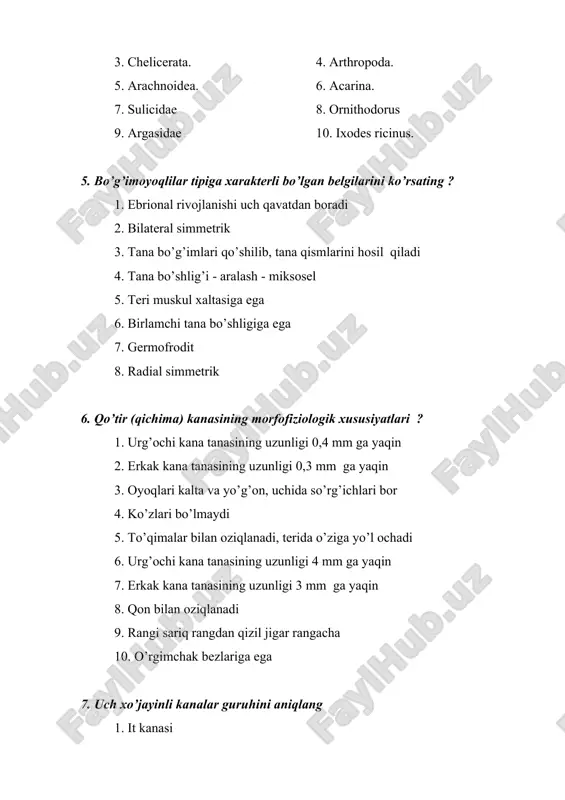 7. uch xo’jayinli kanalar guruhini aniqlang 1. it kanasi 2. tayga kanasi 3. dermasentor 4. qichima kanasi 5. qishloq kanasi 6. qushlar kanasi 8. bosh bitining tuzilishidagi xarakterli belgilarni aniqlang ? 1. qorin qismini yon tomonida chuqur uyiqlar bo’ladi 2. muylovlari kalta va yo’g’on bo’ladi 3. erkagini orqa tomoni yumalo?lashgan 4. uro’ochisini orqa tomoni ayrisimon 5. ?orin qismini yon tomoni tekis bo’ladi 6. muylovlari uzun va ingichka bo’ladi 7. erkagini orqa tomoni ayrisimon 8. urg’ochisini orqa tomoni yumaloqlashgan 9. burgalar qaysi’ kasalliklar qo’zg’ovchilarini yuqtiradi ? 1. o’lat (chuma) 2. rikketsiyalar 3. tulyaremiya 4. miaz 5. toshmali va qaytalama tif 6. qo’tir kasalligini 10. quyidagi hashoratlarning to’g’ri lotincha nomlarining aniqlang? 1) cimex lectularus - ko’rpa qandalasi 2) blatta orientalis - qora suvarak 3) pediculus humanus capitis - bosh biti 4) blatta germanica - sariq suvarak 5) pediculus humanus humanus - kiyim biti 6) pulex irritans - odam burgasi 7) blatta germanica …