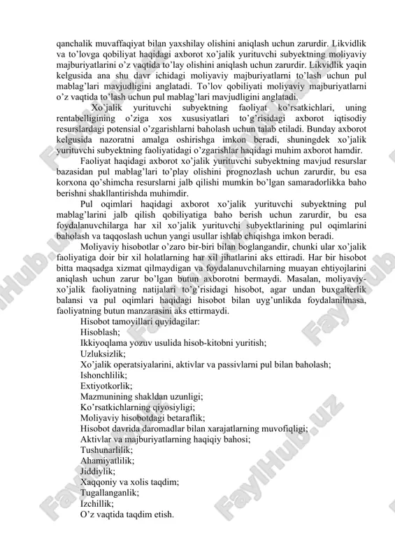 yuqori va hukumat rasmiy va boshqaruv orgnalari oldida hisobot beradi. birinchi navbatda, shuni aytish joizki, korxonalar (xorijiy investitsiyali korxonalardan tashqari) majburiy tartibda quyidagi foydalanuvchilarga chorak va yillik hisobotini topshiradi: 1. ta’sis hujjatlariga binoan mulkdorlar (mulkni boshqarish bo‘yicha vakolatli organlar, ta’sischilar); 1. davlat soliq inspektsiyasiga (bir nusxa); 1. o‘zbekiston respublikasi qonunchiligiga binoan korxona faoliyatini ayrim tomonlarini tekshirish va tegishli hisobotni olish vazifalari yuksaltirilgan boshqa davlat organlariga. «buxgalteriya hisobi to‘g‘risida»gi o‘zbekiston respublikasi qonuniga binoan: - barcha korxona va muassasalar uchun hisobot yili 1 yanvardan 31-dekabrgacha bo‘lgan davr hisoblanadi. - yangi tashkil etigan korxona va muassasalar uchun birinchi hisobot yili bo‘lib, ular yuridik huquqqa ega bo‘lgan sanadan shu yilning 31 dekabrigacha bo‘lgan davr hisoblanadi. 1-oktyabrdan keyin tashkil etilgan (tugatilgan, qaytadan tashkil etilgan) korxonalar va ularning strukturaviy bo‘linmalari asosida tashkil etilganlardan tashqari korxonlara uchun ularning yuridik huquqqa ega bo‘lgan sanadan keyin yilning 31-dekabrigacha bo‘lgan davrni birinchi hisobot yili davri hisoblashga ruxsat beriladi. - korxonalar …