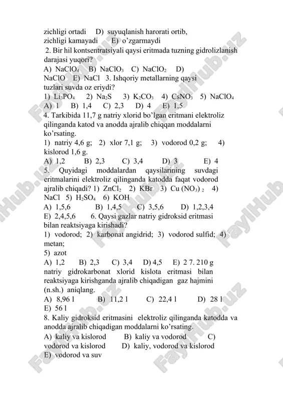va seziy 10. 100 g suvda 4,6 g natriy eritilganda xosil bo’lgan moddaning eritmadagi massa ulushini xisoblang. a) 4,6% b) 4,4% c) 8% d) 7,66% e) 8,24% 3 - topshiriq. 1. bir hil kontsentratsiyali eritmalarida qaysi tuzning gidrolizlanish darajasi yuqori? a) kf b) kcl c) kbr d) ki e) kat 2. ishqoriy metallarning qaysi tuzlari amalda gidrolizlanmaydi? 1) k2co3 2) nano3 3) licl 4) ch3cook 5) na2s a) 1 v) 1,4 s) 2,3 d) 4 e) 1,5 3. qaysi reaktsiyalarda na2o2 oksidlovchi bo’ladi? 1) na2o2 + ki + h2so4 = 2) na2o2 + fe (oh) 2 + h2o = 3) na2o2 + kmno4 + h2so4 = 4) na2o2 + h2o q 5) na2o2 + h2so4= a) 1,2 v) 2,3 s) 3,4 d) 3 e) 4 4. qaysi moddalarning eritmalarini elektroliz qilinganda katodda kislorod ajralib chiqadi? 1) zncl2 2) kbr 3) cu (no3) 2 4) nacl 5) h2so4 6) koh a) …