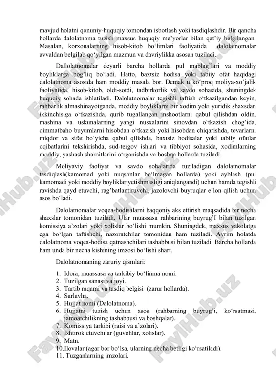 tish sifati yaxshilangan. ko‘plab dori-darmon, ishchi kuchi va albatta mablag’ tejalgan. xizmat ko‘rsatish saviyasi yuqori bo‘lgani uchun aholi o‘rtasida hamshiralarning va shifoxonalarnig nufuzi ancha baland. bizning shifoxonamizda ham shunday ish tartibi va yangi jihozlar o‘rnatilsa, bemorlarga xizmat ko‘rsatish sifati yaxshilanar edi. bu bo‘yicha kurs rahbrlari bilan fikr almashdim. hamshira: (imzo) d.y.salimova. 2010-yil 25-dekabr. biz yuqorida keltirgan xizmat safari va rahbarning muayyan topshirig’ini bajarish bo‘yicha hisobotlar ma’lum davrda bajariladigan ishlar bo‘yicha hisobotdan qisman farq qiladi. masalan, chorak, yarim yillik, to‘qqiz oylik yoki yillik hisobotlar sal boshqacharoq tayyorlanadi. bundan tashqari moliyaviy hisobotlat faqat jadvallar va raqamlarning o‘zidan iborat bo‘lishi ham mumkin. hozir yillik ish rejasining bajarilishiga oid hisobotni olib ko‘raylik, undagi ifoda usuli ishning umumiy hajmiga qarab o‘zgaradi. ya’ni unda sonlardan, moliyaviy ko‘rsatkichlardan ham foydalaniladi. d a l o l a t n o m a dalolatnoma o‘zining moddiy-moliyaviy va yuridik javobgarligi bilan katta ahamiyatga ega bo‘lgan rasmiy hujjatlar turkumiga kiradi. tashkilot …
