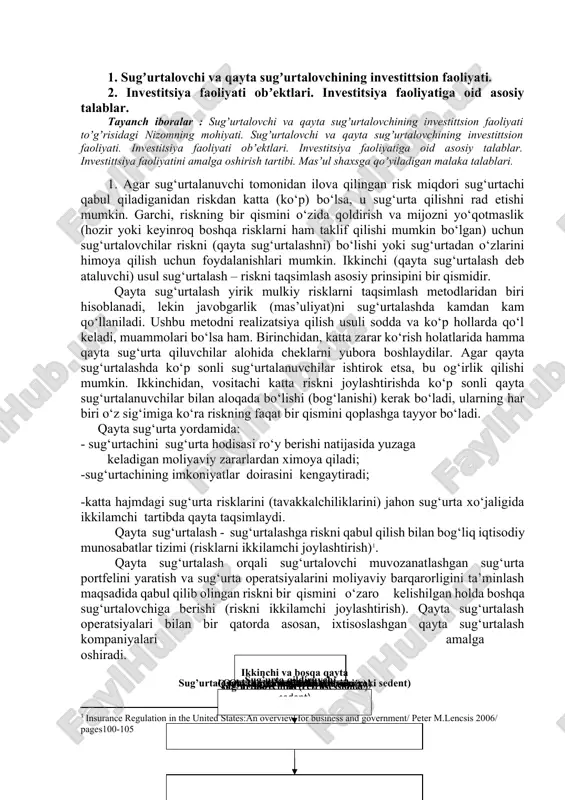 tlar), olib qo‘yish (tavakkalchilarning yoki mol-muklarni) bunda sug‘urtalovchi majburiyatlarni bajarmasdan ozod bo‘ladi, sug‘urta mukofotlari tariflari (stavkalari), sug‘urtalashning eng ko‘p (eng kam) muddati, sug‘urta shartnomalarini tuzish va sug‘urta mukofotlarini to‘lash tartibi, tomonlarning sug‘urta shartnomasi bo‘yicha o‘zaro majburiyatlari va sug‘urta shartnomalari bo‘yicha to‘lovni rad etishning mumkin bo‘lgan holatlari sug‘urta shartnomasi bo‘yicha e’tirozlarni ko‘rib chiqish tartibi. qoidalarga sug‘urta shartnomalari namunalari ilova qilinishi kerak. litsenziya talabgori rahbari tomonidan tasdiqlangan sug‘urtalash qoidalari (shartlari) ikki nusxada taqdim etiladi, ularning betlari tikilgan va raqamlangan bo‘lishi kerak. faoliyat turi faqat qayta sug‘urta qilishdan iborat bo‘lgan litsenziya talabgorlari mazkur bandda ko‘rsatib o‘tilgan hujjatlarni taqdim etadilar, sug‘urtalash qoidalari (shartlari)ga oid xat boshi bundan mustasno. b) sug‘urta brokerlari uchun: yuridik shaxsning nomi va tashkiliy-huquqiy shakli, uning joylashgan joyi (pochta manzili), bank muassasasining nomi va bankdagi hisob raqami, yuridik shaxs amalga oshirishni mo‘ljallayotgan litsenziyalanadigan faoliyat turi (uning bir qismi) hamda ko‘rsatib o‘tilgan faoliyat turi amalga oshiriladigan muddat ko‘rsatilgan litsenziya berish to‘g‘risida ariza; …