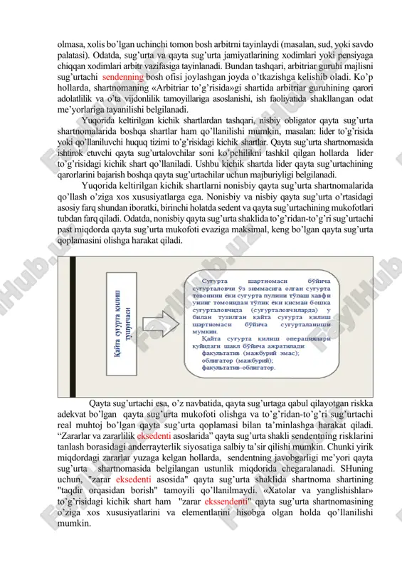 in. masalan, agar sug’urtachi o’z ishini mukammal biluvchi hisoblansa va u hamma vaqt qayta sug’urta shartnomasiga ega bo’lmagan sug’urtachi singari ish yuritsa, «sug’urtachi sug’urta shartnomasiga o’zi zarur deb topgan o’zgartirishlarni kiritishi mumkin» mazmunidagi qo’shimcha shart qayta sug’urtachi tomonidan qayta sug’urta shartnomasiga kiritilishi mumkin. yoki, qayta sug’urta shartnomasiga «sug’urtachi qayta sug’urtachining roziligisiz sug’urta shartlariga, anderrayting tamoyillariga mustaqil o’zgartirish kiritish huquqiga ega emas» mazmunidagi kichik shartni belgilab qo’yishi mumkin. qayta sug’urtachi qayta sug’urta shartnomasi bo’yichaolgan majburiyatni nazorat qilish uchun qo’shimcha shartlar kiritilishi zarur deb hisoblaganda, ushbu mazmundagi shartlar qayta sug’urta shartnomasiga kiritadi. «hisob-kitob orqasidan borish» tamoyilini amalda qo’llanilishi va uni qo’llashni cheklashlar bo’yichaingliz sudi qarorlaridan misol keltiramiz. 80-yillarning boshlarida aqshda faoliyat olib borgan to’g’ridan-to’g’ri sug’urtachilar asbest ishlab chiqaruvchilarning javobgarligini sug’urtalash natijasida ko’p miqdordagi zararga duch keldilar. asbestdan foydalanish natijasida yuzaga kelgan zararni qoplashda qayta sug’urtachini ishtirok etishi to’g’risida angliya sudi qaror qabul qilgan. qo’zg‘algan da’voni sudda ko’rib chiqish natijasi jahondagi yirik qayta …