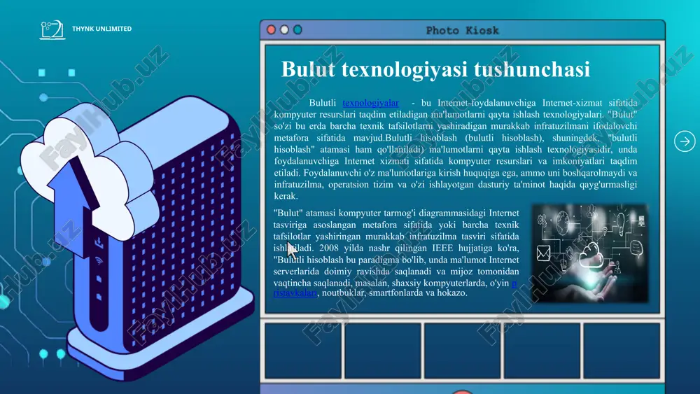 qali himoya qiladi. bulut texnologiyalari tufayli tashkilotlar o‘z ish jarayonlarini soddalashtirib, vaqt va mablag‘ni tejash bilan birga, xizmat sifatini ham oshirish imkoniyatiga ega bo‘ladilar. bulut texnologiyalarining kamchiliklari va muammolari bulut texnologiyalari ko‘plab qulayliklar taqdim etsada, ular bilan bog‘liq ayrim kamchiliklar va muammolar ham mavjud. quyidagilar shular jumlasidandir: axborot xavfsizligi masalalari. ma’lumotlar internet orqali saqlanadi va uzatiladi. agar provayderning xavfsizlik siyosati kuchsiz bo‘lsa, foydalanuvchi ma’lumotlari uchinchi shaxslarga o‘tib ketishi mumkin. maxfiylik muammosi. bulut provayderlari ba’zida foydalanuvchi ma’lumotlariga kirish huquqiga ega bo‘ladi. bu esa shaxsiy yoki tijoriy ma’lumotlarning oshkor bo‘lish xavfini oshiradi. internetga to‘liq bog‘liqlik. bulut xizmatlaridan foydalanish uchun barqaror va tezkor internet aloqasi zarur. internet uzilishi yoki past tezlikda ishlashi tizimdan foydalanishni qiyinlashtiradi. narx siyosati va yashirin xarajatlar. dastlab bulut xizmatlari arzon tuyuladi, biroq vaqt o‘tishi bilan hajm, trafik yoki xizmat ko‘rsatish uchun qo‘shimcha to‘lovlar ortadi. moslik va integratsiya muammolari. turli bulut platformalari o‘rtasida moslashish qiyin bo‘lishi mumkin. yangi tizimni joriy …