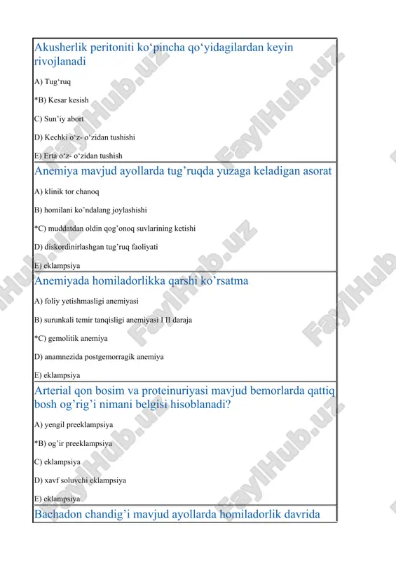 s.u.gacha oshishi 20 haftadan keyin *--------/b) koma c) protenuriya 1 g/l gacha d) dvs- sindromi e) qulogdagi shovqin engil preeklampsiya ko’rsatkichlari a) diastolik arterial qon bosimi 2 marta ketma ket 4 soat ichida o’lchaganda 120–130 mm s.u. bo’lsa 20 xaftasigacha oshishi b) protenuriya 3 g/l bo’lsa c) protenuriya 3.3 g/l bo’lsa d) protenuriya 1 g/l bo’lsa *e) diastolik arterial qon bosimi 2 marta ketma ket 4 soat ichida o’lchaganda 90–110 mm s.u. bo’lsa erta chilla davrida patologik qon ketganda birinchi navbatda nima qilish kerak: a) aortani bosish; b) bachadonni qisqartiradigan vositalar yuborish c) bachadon bo‘yniga baksheev klemmasini qo‘yish; *d) bachadon bo‘shlig‘ini qo‘l bilan tekshirish e) yumshoq tug‘ruq yo‘llarini ko‘rish. erta chilla davrida qon ketishga moyil: a) etilmagan homla *b) tug‘ruq faoliyati sustligi c) ko‘psuvlilik d) kamsuvlilik e) yirik homila fetoplatsentar yetishmovchilikda yo’ldoshning qaysi asosiy funksiyalari buziladi? a) organic, bioximik b) diffuz, biologik c) transport, biologic *d) transport, trofik e) såmizlik …