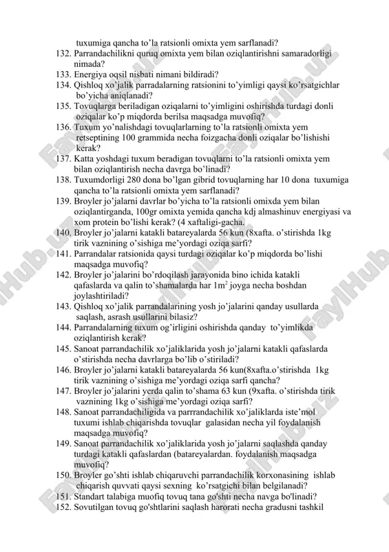 i, mahsuldorlik ko’rsatgichi va yo’nalishi? 118. qishloq xo’jalik parrandalarini (mahsuldorlik yo’nalishi bo’yicha. zotlar va liniyalar chatishtirilganda, qaysi mahsuldorlik yo’nalishidagi parrandalarda geterozis xodisasi kuchli bo’ladi? 119. kurkalarning shimoliy kavkaz zotini yaratilishi tarixini, mahsuldorlik ko’rsatgichi va yo’nalishi? 120. o’rdaklarning xindiston yugo’rdak zotini yaratilishi tarixi, mahsuldorlik ko’rsatgichi va yo’nalishi? 121. qishloq xo’jalik parrandalarini inkubatorlardan chiqqan bir kunlik jo’jalarini qaysi ko’rsatgichlari bo’yicha birinchi bor baholanadi va tanlab olinadi? 122. nasldor tovuq tuxumlarini inkubasiyalash davrigacha necha kungacha saqlash maqsadga muvofiq va necha kundan keyin yaroqsiz hisoblanadi? 123. qishloq xo’jalik parrandalarning tuxumlarini inkubatorlarda sun’iy inkubasiyalashda qaysi omillarni me’yorida saqlanganda, tuxumlardan me’yordagi jo’jalar chiqishi mumkin? 124. qishloq xo’jalik parrandalarni tuxumlarini sun’iy inkubasiyalashda birinchi inkubator nechanchi yili va kim tomonidan kashf etilgan? 125. sanoat parrandachilik xo’jaliklarida yosh jo’jalarni katakli qafaslarda o’stirishda necha davrlarga bo’lib o’stiriladi? 126. sanoat parrandachilik xo’jaliklarida yosh jo’jalarni saqlashda qanday turdagi katakli qafaslardan (batareyalardan.foydalanish maqsadga muvofiq? 127. yosh jo’jalarni birinchi o’n kunligida saqlash jarayonida bruderlar- …