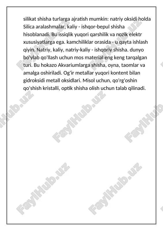 drofobizatorlar, antiadgezivlar, plastmassa sanoatida toʻldirgichlar, mikroelektron qurilmalar maxsus keramika uchun krplamalar va b. i. ch. da ham ishlatiladi. davriy sistemaning iv a gruppasiga uglerod s, kremniy si, germaniy ge , qalay sn, qo‘rg‘oshin pb elementlari kiradi. qo‘shimcha gruppachasiga titan ti, sirkoniy zr, gafniy hf va kurchatoviy kn elementlari mansub. amfoter, asosliklari salgina yuqori anionlarining nomlanishlari karbonatlar silikatlatlar, germanatlar , silikatlar , plyumbatlar , uglerod va kremniy tipik elementlar. davriy sistemadagi biror-ta gruppa iv gruppa elementlarining ahamiyatliligi bo‘yicha tenglasha olmaydi. uglerod organik kimyoning asosi bo‘lib, bosh organogen element, hamma tirik organizmlar uchun kerakli komponent. ikkinchi tipik element- kremniy-anorganik kimyoning va hamma jonsiz tabiatning bosh elementidir. germaniy birinchi qattiq jismli tranzistor (1948 y) lar olishda radio elektronika sohasida 10 yillar davomida revolyusion burilish qildi. germaniy faqat kremniydan keyingi ikkinchi yarim o‘tkazgichdir. iv a gruppaning hamma elementlari 4 valent elektronga ega bo‘lgan, almashinish mexanizmi bo‘yicha maxsus muhim tetraedrik bog‘lar hosil qiladigan, valent elektronlari …