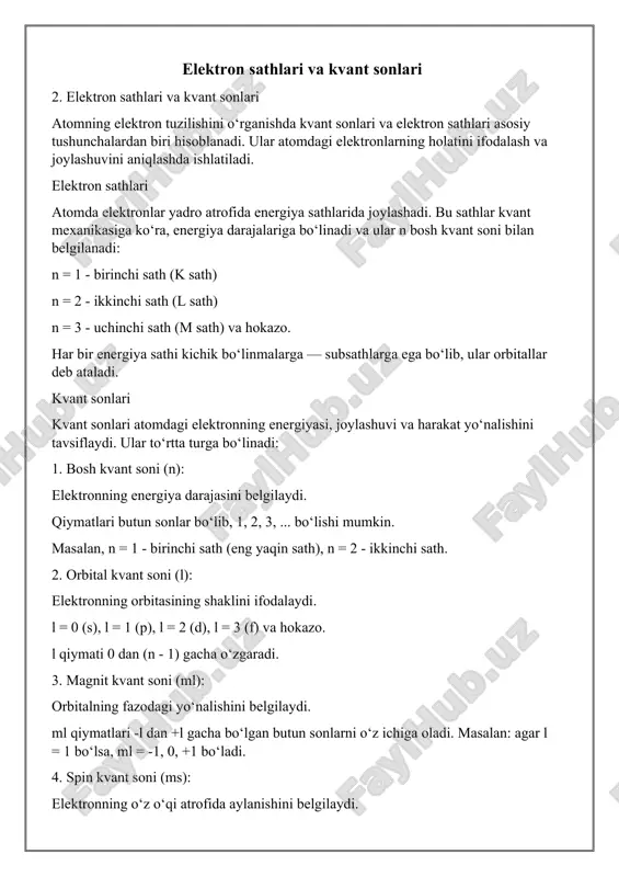 mning elektron tuzilishi uning energetik sathlari va orbitalari bilan bog‘liq. har bir energetik sathda turli orbitalar mavjud bo‘lib, ular elektronlarning joylashuvi va energiyasini belgilaydi. elektronlar orbitalarda energiya tartibiga rioya qilgan holda joylashadi, va orbitalar o‘rtasidagi energiya farqlari elektronlarning qanday to‘planishini aniqlaydi. pauli va hund qoidalari elektronlarning orbitalarda qanday joylashishini belgilaydi. foydalangan adabiyot foydalangan adabiyotlar ro‘yxatini tuzishda, sizning mavzuga oid manbalarni ko‘rsatish zarur. masalan, ilmiy kitoblar, maqolalar yoki internet resurslari. mana bir nechta misollar: 1. atkins, p., & friedman, r. (2005). molecular quantum mechanics (5th ed.). oxford university press. 2. nelson, d. j., & cox, m. m. (2008). lehninger principles of biochemistry. w.h. freeman and company. 3. zumdahl, s. s., & zumdahl, s. a. (2010). chemistry: an atoms first approach (3rd ed.). brooks/cole cengage learning. 4. mendel, l. r. (1998). introduction to quantum mechanics. prentice hall. 5. elektron tuzilishi va orbitalar haqidagi ilmiy maqolalar va internet resurslari. agar aniq manbalar bo‘lsa, …