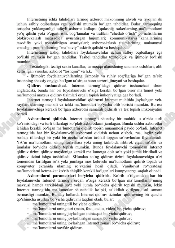 an foydalanuvchilarga ziyonet portali o‘z imkoniyatlarini namoyon qilishlari uchun barcha sharoitlarni yaratib beradi. jumladan, · ziyonet portalining kutubxonasiga axborot – ta’limiy ma’lumotlarni joylashtirish; · uchinchi darajali «zn.uz» domenida sayt-satelitlarni yaratish; · ziyonet portalining yopiq bo‘limlariga kirish va u erdan ma’lumot olish; · ziyonet axborot resurs tarmog‘ining turli tanlovlarida qatnashish. ziyonet tarmog‘iga ulanish. hukumat qaroriga muvofiq barcha ta’lim muassasalari (ulanish ob’ektlari) ziyonet axborot ta’limiy tarmog‘i negizida birlashishlari kerak. oliy va o‘rta maxsus ta’lim vaziriligi, o‘rta-maxsus kasb-hunar ta’lim markazi, xalq ta’limi vaziriligi va davlat test markazi veb saytlari va ulardan foydalanish. ushbu ta’lim vazirliklari saytlari o‘zlarida oliy ta’lim va uning faoliyati, oliy ta’lim muaasasalari, o‘rta-maxsus kasb-hunar ta’limi va uning faoliyati, o‘rta-maxsus kasb-hunar ta’lim muassasalari, xalq ta’limi va uning faoliyati, respublika maktablari, ta’limning me’yoriy hujjatlari to‘g‘risidagi ma’lumotlarni mujassamlagan. ta’lim muassasalari vazirliklari saytlari manzillari · oliy va o‘rta maxsus ta’lim vaziriligi veb-sayti: www.edu.uz · o‘rta-maxsus kasb-hunar ta’lim markazi: www.markaz.uz · xalq ta’limi vaziriligi veb …