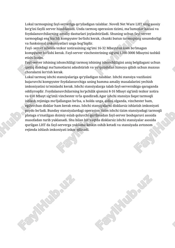 i beradigan o‘zining interfeysli va uzatuvchi-qabul qiluvchi apparaturasi bor. uzatuvchi-qabul qiluvchi apparaturani soddalashtirish maqsadida halqa bo‘yicha qiymatlarni uzatish, ko‘pincha, faqat bir yo‘nalishda bajariladi. +abul qiluvchi uzel faqat unga yuborilgan axborotni qabul qiladi va anglab oladi. o‘zining moslashuvchanligi va ishonchliligi bilan amaliyotda keng tarqalgandir. yulduzsimon tarmog‘i tarmoqning asosini server tashkil qiladi, unga ishchi stansiyalarning har biri o‘zining aloqa liniyasi bo‘yicha ulanadi. barcha ma’lumot markaziy uzel orqali uzatiladi, u tarmoqdagi ma’lumot oqimlarini retranslyatsiya qiladi, qayta ulaydi va marshrutlaydi. bunday tarmoq o‘zining tuzilishi bo‘yicha, aslini olganda, teleqayta ishlash tizimiga o‘xshash bo‘ladi, unda hamma abonent punktlari intelektual bo‘ladi(o‘zining tarkibiga ehm ni oladi). kamchiliklari: • markaziy apparaturaning yuqori yuklanganligi; • markaziy apparatura ishdan chiqqanda tarmoq ishga yaroqligini butunlay yo‘qotishi; • aloqa liniyasining juda cho‘zilib ketganligi; • ma’lumotni uzatish yo‘lini tanlashda moslashuvchanlikning yo‘qligi. yulduzsimon tarmoqlar ochiqdan ochiq ifodalangan markaziy boshqariladigan ofislarda ishlatiladi lokal tarmoqda kompyuterlar orasidagi masofa yaqin bo‘lganligi bois, telefon kanallaridan foydalanmasdan axborotni uzatish tezligini …