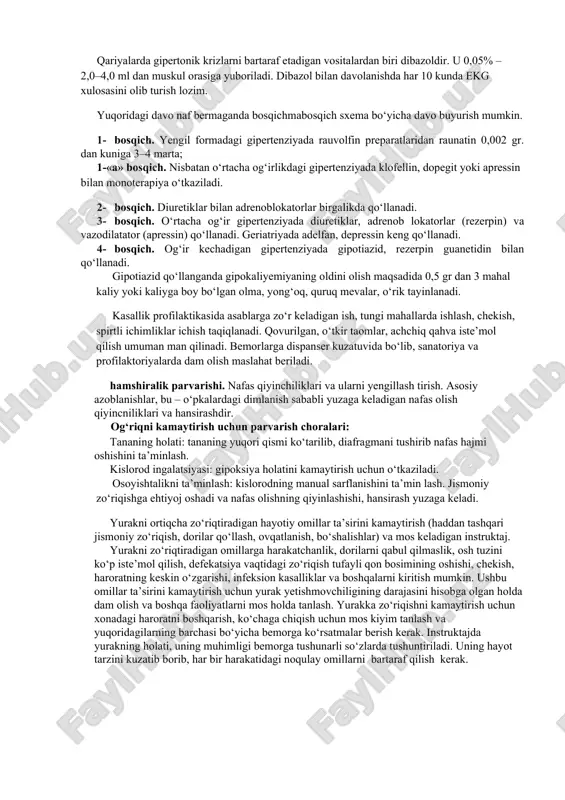 tomirlari devorlarida yosh bilan bog‘liq o‘zgarishlar kuzatiladi. qon tomirlar elastikligini yo‘qotadi, ektaziya va cho‘zilish ro‘y beradi. ikkinchi tomondan, geriatrik bemorlar tomirlaridagi aterosklerotik o‘zgarishlar tomirlar torayishiga sabab bo‘ladi. qariyalarda arterial bosimning 160/90 mm sim. ustunidan ortib ketishi alohida tekshiruv o‘tkazishni talab qiladi. 60 yoshdan oshgan bemorlarda kasallikni keltirib chiqaruvchi sabablarga ko‘ra gipertoniya kasalligi va sistolik (aterosklerotik) gipertenziya farq qilinadi. gipertoniya kasalligi. keksalikda bu kasallikning kelib chiqishiga organizmdagi arterial bosimni boshqarib turuvchi oliy nerv faoliyatining, miya po‘stlog‘ining, gipotalamus funksiyasining iz dan chiqishi sabab bo‘ladi. kasallikning 1­bosqichida bemorlar uyqusizlik, tajanglik, tez charchash kabi simptomlarga uncha ahamiyat bermaydilar. ularni faqat bosh aylanishi, bosh og‘riqlari, hansirash bezovta qilishi mumkin. gipertonik krizlar klinikasi sust ifodalangan bo‘lib, bu juda xavflidir, chunki o‘z vaqtida ko‘rsatilmagan tez yordam bemorda insult yoki o‘tkir yurak yetishmovchiligiga olib kelishi mumkin. kasallikning 2­bosqichida a/b 180/100 mm sim. ustuniga teng bo‘ladi. krizlar paytida 260/140 mm. simob ustuniga yetadi. qariyalarda kasallik manzarasi sust bo‘lishiga qaramay, …