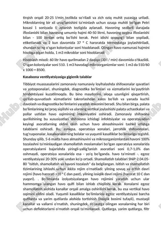 sanitariya amaliyotida eng keng tarqalgan - krotov qurilmasi yordamida cho'kindi-aspiratsiya havosi. krotov qurilmasi olinadigan qopqoqli silindr bo'lib, unda markazdan qochma ventilyatorli dvigatel mavjud. tekshirilayotgan havo qurilma qopqog‘idagi xanjar shaklidagi tirqish orqali 20-25 l/min tezlikda so‘riladi va zich oziq muhit yuzasiga uriladi. mikroblarning bir xil urug'lanishini ta'minlash uchun ozuqa muhiti bo'lgan petri kosasi 1 soniyada 1 aylanish tezligida aylanadi. havoning sezilarli darajada ifloslanishi bilan havoning umumiy hajmi 40-50 litrni, havoning ozgina ifloslanishi bilan - 100 litrdan ortiq bo'lishi kerak. petri idishi qopqog'i bilan yopiladi, etiketlanadi va 2 kun davomida 37 ° c haroratda termostatga joylashtiriladi, shundan so'ng o'sgan koloniyalar soni hisoblanadi. olingan havo namunasi hajmini hisobga olgan holda, 1 m3 mikroblar soni hisoblanadi hisoblash misoli: 60 litr havo qurilmadan 2 daqiqa (30 l / min) davomida o'tkazildi. o'sgan koloniyalar soni 510. 1 m3 havodagi mikroorganizmlar soni: 1 m3 da 510/60 x 1000 = 8500. kasalxona ventilyatsiyasiga gigienik talablar tibbiyot muassasalarini zamonaviy …