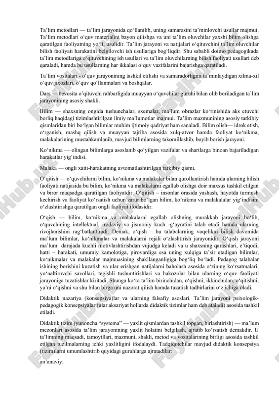 hining faoliyati ta’lim oluvchi shaxsining maqsadga muvofiq shakllanishiga katta imkoniyatlar ochib beradi. yanada aniq qilib aytsak, butun o‘quv jarayonini rejalashtiradi, ushbu jarayonda ta’lim oluvchilar bilan birgalikdagi faoliyatni tashkil etadi. ta’lim oluvchilarga qiyinchiliklarni yengib o‘tishda yordam beradi hamda ularning bilimlarini va butun ta’lim jarayonini tashxis qiladi. o‘z navbatida ta’lim oluvchilarning faoliyati o‘quv jarayonida o‘rganishga, bilim, ko‘nikma hamda malakalarni egallashga, o‘zini jamiyatga foydali faoliyatga tayyorlashga yo‘naltiradi. ta’lim jarayonida ta’lim oluvchilarning faoliyati ko‘p qirrali yo‘nalgan harakatni ifodalaydi va bu harakat bilishga doir vazifalarni hal qilishda ularga katta yordam beradi. didaktikaning asosiy kategoriyalari: ta’lim, ta’lim jarayoni ta’lim mazmuni ta’lim tamoyillari ta’lim metodlari ta’lim vositalari dars, bilim, ko‘nikma, malaka o‘qitish, o‘qish va shu kabilar kiradi. ta’lim – ta’lim oluvchiga maxsus tayyorlangan mutaxassislar yordamida bilim berish va ulardagi ko‘nikma hamda malakalarni shakllantirish jarayoni bo‘lib, kishining shaxs sifatida hayotga va mehnatga ongli ravishda tayyorlash vositasi. ta’lim deganda shaxsning jismoniy va ma’naviy kamol topishi, uning ongli ravishda ayrim …
