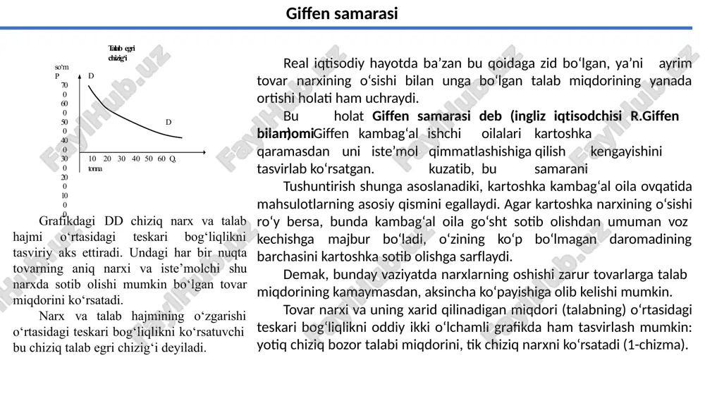 ning 7 donasi sotib olinmoqda). engel egri chizig‘i iste’molchilar pul daromadlari o‘zgarishining talabga qanday ta’sir to‘g‘risida axborot beradi. bu axborot tovar qilishi ishlab chiqaruvchilar uchun o‘z tovarlarining mumkin bo‘lgan sotish hajmi va bozor kon’yunkturasini baholashda muhim ahamiyat kasb etadi. o‘zaro bog‘liq tovarlar narxi o‘zgarishining talabga ta’sirini o‘rganishda ularni ikki guruhga ajratish maqsadga muvofiq bo‘ladi: 1) o‘zaro bir-birini almashtiruvchi yoki o‘rinbosar tovarlar; 2) o‘zaro bir-birini to‘ldiruvchi tovarlar. o‘zaro bir-birini to‘ldiruvchi tovarlardan birining narxini o‘zgarishi bilan boshqasiga bo‘lgan talabning o‘zgarishi teskari bog‘liqlikda bo‘ladi. masalan, agar avtomobilning narxi oshsa, mad, ming so‘m 00 90 80 70 60 50 40 30 20 10 tovar miqdori, dona 2. taklif tushunchasi. taklif miqdoriga ta’sir qiluvchi omillar. taklif qonuni bozor holatining o‘zgarishiga iste’molchi yoki namoyon bo‘lsa, ishlab chiqaruvchi xaridorning munosabati ularning talabi orqali yoki sotuvchining munosabati taklif orqali namoyon bo‘ladi. ma’lum vaqt oralig‘idagi narxlarning muayyan darajasida ishlab chiqaruvchi yoki sotuvchilar tomonidan ma’lum turdagi tovar va xizmatlarning bozorga …