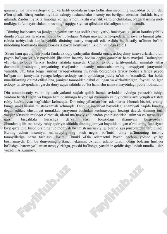 qolishini bashorat qilgan fransuz sosiologi e.dyurkgeym, kapitalizm sivilizasiyasining vujudga kelishiga xristianlikning protestantlik yo’nalishi va uning axloqiy normalari turtki bo’lganini aytgan nemis sosiologi m.veber katta ilmiy ahamiyatga ega. dinning jamiyat hayotida tutgan o’rni masalasi bilan ko’proq din sosiologiyasi shug’ullanadi. sosiologiya mavqyeidan turib dinning ijtimoiy funksiyalari tadqiqi etishda din jamiyat hayotining ajralmas tarkibiy qismi, odamlar uchun zarur ma’naviy-axloqiy kuch ekanligi nuqtai nazardan yondashadi, uni ijtimoiy munosabatlarning vujud kelishi va rivojlanishining omili sifatida tushuntiradi. dinning ijtimoiy funksiyasi haqidagi ta’limotni funksiyaanalizm nisbatan faol tadqiq etadi. uning namoyandalaridan biri sosiolog e.dyurkgeyn fikricha din odamlarda ularning axloqiy umumiyligini anglashga yordam beradi, jamiyatni barqarorligini ta’minlaydi. barqarorlik integrasiya asosida dindorlar, dindor bo’lmaganlar, ijtimoi guruhlar, institutlar, uyushmalar ittifoqi va hamkorligining samarasidir. darhaqiqat, har bir din aloqa bog’lashlik funksiyasini bajaradi, ya’ni har bir din o’z qavmlarining birligini, jamiyat va shaxsning o’zaro aloqada bo’lishini ta’minlashga intiladi. bunda u yoki bu dinga e’tiqod qiluvchi kishilarning o’z dinidagi boshqa kishilar bilan bog’liqlikda bo’lishi, …