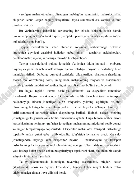 i yetkazib berish boyicha to’langan temir yo’l tarifi summasini ko’rsatish uchun ekspeditorga beriladi. ikkinchi nusxasi molning jo’natganligi to’g’risida asos bo’lib omborchida qoladi. unga binoan ombor hisobi kartochkasining «chiqim» grafasiga jo’natilgan mahsulotning miqdorini yozib qoyadi va hujjat buxgalteriyaga topshiriladi. ekspeditor mahsulotni transport tashkilotiga topshirib undan yukni qabul qilib olganligi to’g’risida kvitansiya oladi. mahsulot jo’natilgandan keyingi kuni ekspeditor buyruq – nakladnoyini va transport tashkilotining kvitansiyasini mol oluvchining nomiga to’lov talabnoma – topshiriq yoki boshqa hujjat yozish uchun buxgalteriyaga topshirishi shart. shu bilan bir vaqtda schyot – faktura ham yoziladi. to’lov talabnomasida jo’natilgan tovarning assortimenti, miqdori, sotish (shartnoma) bahosi va qiymati ko’rsatiladi, bunday holda schyot faktura to’lov talabnomasiga albatta ilova qilinishi kerak. to’lov talabnomasi mol oluvchining hisob – kitob schyotidan schyot – fakturaga asosan yuklab yuborilgan mahsulot qiymatini o’tkazib berishi to’g’risida mol yuboruvchining bankka bergan buyrug’i bo’lib hisoblanadi. schyot – faktura yoki to’lov talabnomasininig alohida qatorida mol oluvchilar tomonidan to’lanadigan idish va o’rama …