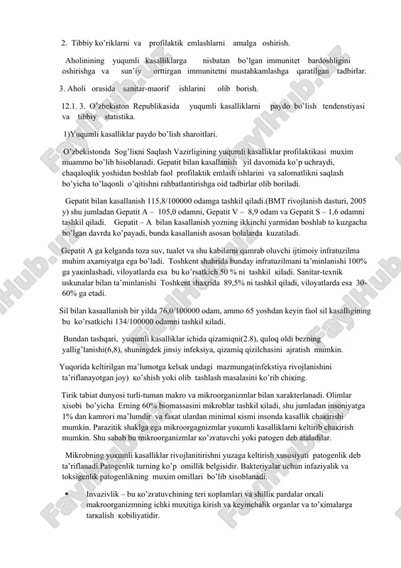 ’zg’atuvchi shilliq pardaga o’tganda (yashur, sap) kasallik yuqishi mumkin. ba’zi bir holatlarda yuqumli kasalliklar haqida gap ketganda “o’ta havfli” va “karantin infeksiyalari” terminlari ishlatiladi. keng ma’noda “o’ta havfli infekstiyalar” tushunchasi ostida katta yuqimli kuchga ega bo’lgan, og’ir kechadigan va yuqori o’lim bilan bog’liq bo’lgan yuqumli kasalliklar nazarda tutiladi. shu bilan bizga ma’lumki, xatto mumtoz (klassik) kasalliklar (meningokok infekstiya) ham yuqorida keltirilgan mezonlar talabiga javob berib, havfli kasalliklar guruhga kirmaydi . 5) yuqumli kasalliklarni oldini olish va ularga qarshi kurash choralari. infeksiyaning mavjudligi uchta bir- biri bilan bog’liq bo’lgan omillar bilan bog’lanadi va bu omillarning 1 dan ortig'ini bartaraf etilishi infeksiyaga qarshi kurashning tamoyilaridan hisoblanadi. (1) infeksiyaning manbaini bartaraf etishga qaratilgan tadbirlar bunday tadbirlarga kasallarni aniqlash (infeksiyaning manbai) , ularni izolyastiya qilish va tegishli ravishda davolash. buning oqibatida kasallik qo’zg’atuvchilari butunlay bartaraf etiladi. kasallanganlarni butun kasallanish davomida izolyastiya qilish kerak. chunki bu davrdda ular epidemik havf tug’dirish manbai bo’lib hisoblanadi. infeksiyani …