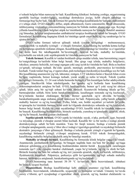 anilmaydi (6.27-rasm). travmatologiya kafedrasi xodimlari bilan birgalikda klinika shinasini taqishni yo‘lga qo‘yildi va natijalari o‘rganildi. klinika shinasi kengaytrilib boriladi va bir oydan olti oygacha taqiladi (6.28-rasm). keng ko‘lamdagi antibakterial terapiya, infuzion terapiya, vitaminlar b va c guruhi, stafilakokka qarshi gammo-globulin, immunoglobulin buyuriladi. fizioterapiya muolajalari, svch, uvch, uchinchi haftadan boshlab, elektrofarez xirurgik davosi. diagnoz qo‘yilishi bilan shoshilinch yordam ko‘rsatiladi. ko‘pchilik bolalarda epifizar osteomielitning klinik belgisi artrit ko‘rinishida bo‘ladi. bo‘g‘imdagi yiringni yallig‘lanishni aniqlash va yordam ko‘rsatish uchun, punksiya qilinadi. olingan yiringni bakteriologik ekmaga yuboriladi va mikrobning antibiotikga sezuvchanligi aniqlanadi. bo‘g‘im punksiya qilinib yiring olingach, antibiotik yuboriladi. erta yoshdagi bolalarda, bo‘g‘im punksiya umumiy og‘riqsizlantrish ostida o‘tkaziladi. punksiya qilinib yiring olingach, bo‘g‘imga stilet qoldiriladi va uch kun davomida antibiotik yuborib turiladi, shu stelit orqali lazer nurlari bilan ta’sir qilinadi. kasallangan tomondagi qo‘l yoki oyoq immobilizatsiya qilinadi. yelka suyagining epifizar osteomielitida yuqorida aytganimizdek, dezo boylami bog‘lanadi (6.26-rasm). son suyagining eo, uchunchi kundan klinika shinasi taqiladi …