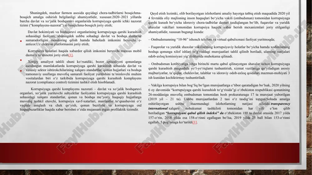 manfaatlar to‘qnashuvini o‘z vaqtida aniqlash va chek qo‘yish, qonun buzilishi va korrupsiyaga oid huquqbuzarliklar haqida xabar berishni o‘zida mujassam etgan profilaktik tizimdir. qayd etish lozimki, olib borilayotgan islohotlarni amaliy hayotga tatbiq etish maqsadida 2020 yil 4 fevralda oliy majlisning inson huquqlari bo‘yicha vakili (ombudsman) tomonidan korrupsiyaga qarshi kurash bo‘yicha idoraviy chora-tadbirlar dasturi tasdiqlangan bo‘lib, fuqarolar va yuridik shaxslar vakillari tomonidan korrupsiya haqida xabar berish mexanizmlari joriy etilganligi ahamiyatlidir, xususan bugungi kunda: – ombudsmanning “10-96” ishonch telefoni va virtual qabulxonasi faoliyat yuritmoqda; – fuqarolar va yuridik shaxslar vakillarining korrupsiyaviy holatlar bo‘yicha hamda xodimlarning boshqa qonunga xilof ishlari to‘g‘risidagi murojaatlari tahlil qilinib boriladi, ularning natijalari odob-axloq komissiyasi yig‘ilishlarida muhokama qilinadi. – ombudsman kotibiyatiga ishga birinchi marta qabul qilinayotgan shaxslar uchun korrupsiyaga qarshi kurashish maqsadida yo‘l-yo‘riqlarni tushuntirish, xizmat vazifasiga qo‘yiladigan asosiy majburiyatlar, taʼqiqlar, cheklovlar, talablar va idoraviy odob-axloq qoidalari mazmun-mohiyati 3 ish kunidan kechiktirmay tushuntiriladi. – vakilga korrupsiya bilan bog‘liq bo‘lgan murojaatlarga eʼtibor …