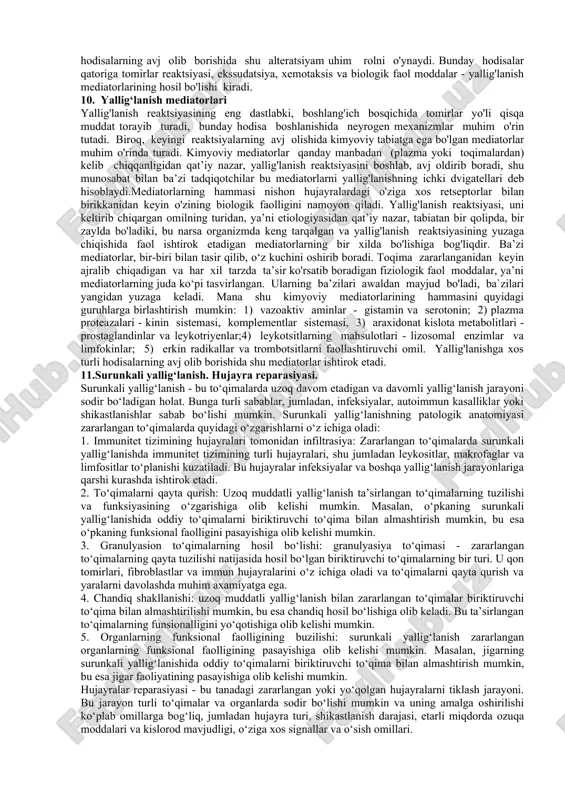 ud-sistemasi xujayralariga kiritiladi.pigment granulalari karsinoidlar va apudomalarda ayniqsa ko’p aniqlanadi. oxronoza pigmenti faqat patologik sharoitda, irsiy ta’minlangan fenilalanin va tirozin katabolizmining buzilishidan sintezlanadi. pigment qora yoki jigar rang bo’lib, asosan siydikda va to’qimalarda to’planadi. 6. aralash distrofiya. nukleoproteidlar va lipidogen pigmentlar almashinuvi buzilishi. lipidogen pigment guruxini lipofussin, e vitamini yetishmovchiligi pigmenti, gemofussin, tseroid va lipoxromlar tashkil etadi. bu pigmentlar ximik va fizik jixatidan bir-biriga yaqin turadi, lekin joylashishi turlicha: lipofussin va e vitamin yetishmovchiligi pigmenti a’zolar parenximatoz xujayralarida, lipofussin shuningdek nerv xujayralarida aniqlanadi, gemofussin va tseroid - mezenximal elementlarda uchraydi. lipofussin - glikolipoproteid, uning tarkibiga yog’lar (fosfolipidlar, xolesterin, neytral yog’lar, yog’ kislotalari oksidlanishi maxsulotlari), aminokislotalar, ko’p sonli fermentlar, flavin birikmalar va karotinoidlar kiradi. lipofussin (lf) elektron zich granulalar ko’rinishida bo’lib, ikki qavat membrana bilan o’ralgan, mitoxondriyalar (m). mf – miofibrillar. rivojlanish jarayonida ikki bosqichni o’taydi “erta” va “kechki”. “erta", yoki yetilmagan lipofussin changsimon sariq rangdagi zarrachalar ko’rinishida perinuklear joylashish bilan …
