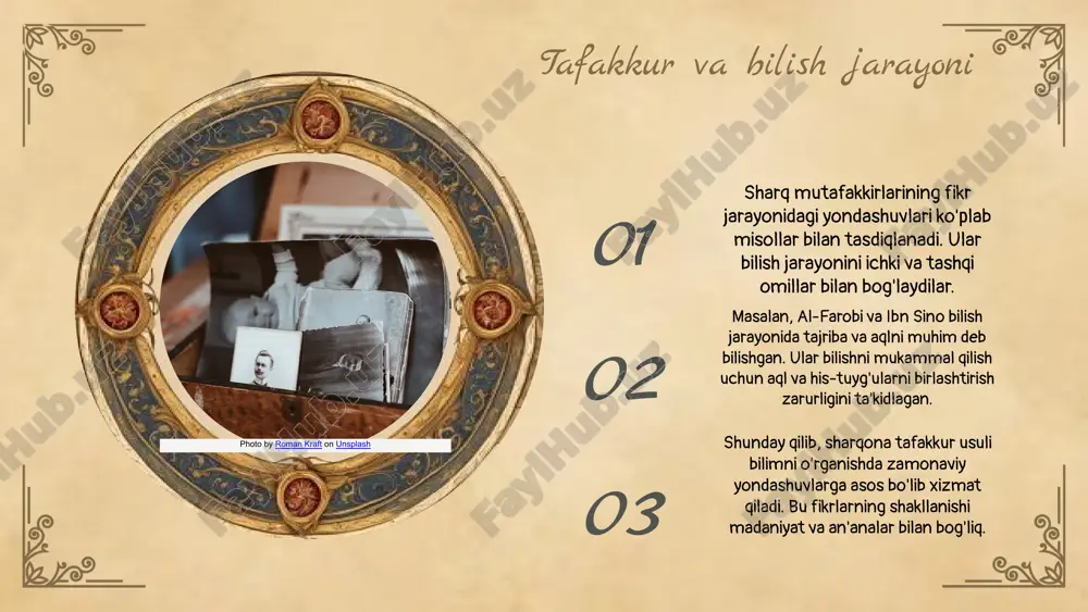 ida sezilarli farq bor. falsafiy qarashlarning zamonaviy ahamiyati photo by uta scholl on unsplash xulosa sharq falsafasi sharq falsafachilari haqiqatni tushunishda intuitiv va tajribaviy yondashuvlardan foydalanadilar. g'arb falsafasi g'arb falsafachilari bilimni ilmiy va mantiqiy asoslar orqali aniqlashadi. hozirgi ahamiyati ushbu falsafiy qarashlar zamonaviy hayotda insoniy tushuncha va qadriyatlarni shakllantiradi. 01 02 03 e'tiboringiz uchun rahmat! designed by slides carnival image3.jpg image4.png image6.png image7.png image17.jpg image2.png image8.jpg image18.jpg image9.jpeg image19.jpg image1.jpg