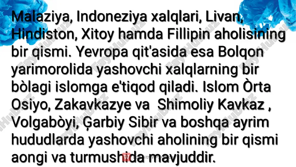 rini kòrsatib kelmoqda. yer yuzida islomga e'tiqod qiluvchilar, ya'ni musulmonlar bir milliard 300 mln.dan oshdi. bu xalqlarning turmush tarziga òz ta'sirini kòrsatib kelmoqda. yer yuzida islomga e'tiqod qiluvchilar, ya'ni musulmonlar bir milliard 300 mln.dan oshdi. yevropa, afrika va rossiyada islom, uning tarixi va manbalarini òrganish xix asrning ikkinchi yarmidan boshlangan. lekin islom tarixi, ta'limoti, muqaddas yozuvlarini tahlil, tatqiq qilish rossiyada ayniqsa òzbekiston, qozoģiston, tojikiston, shimoliy kavkazda keng kòlamda ancha oldin amalga oshirilgan bu ish eni yanada kengroq miqyosda olib borilmoqda. yevropa, afrika va rossiyada islom, uning tarixi va manbalarini òrganish xix asrning ikkinchi yarmidan boshlangan. lekin islom tarixi, ta'limoti, muqaddas yozuvlarini tahlil, tatqiq qilish rossiyada ayniqsa òzbekiston, qozoģiston, tojikiston, shimoliy kavkazda keng kòlamda ancha oldin amalga oshirilgan bu ish eni yanada kengroq miqyosda olib borilmoqda. yevropa, afrika va rossiyada islom, uning tarixi va manbalarini òrganish xix asrning ikkinchi yarmidan boshlangan. lekin islom tarixi, ta'limoti, muqaddas yozuvlarini tahlil, tatqiq qilish rossiyada …