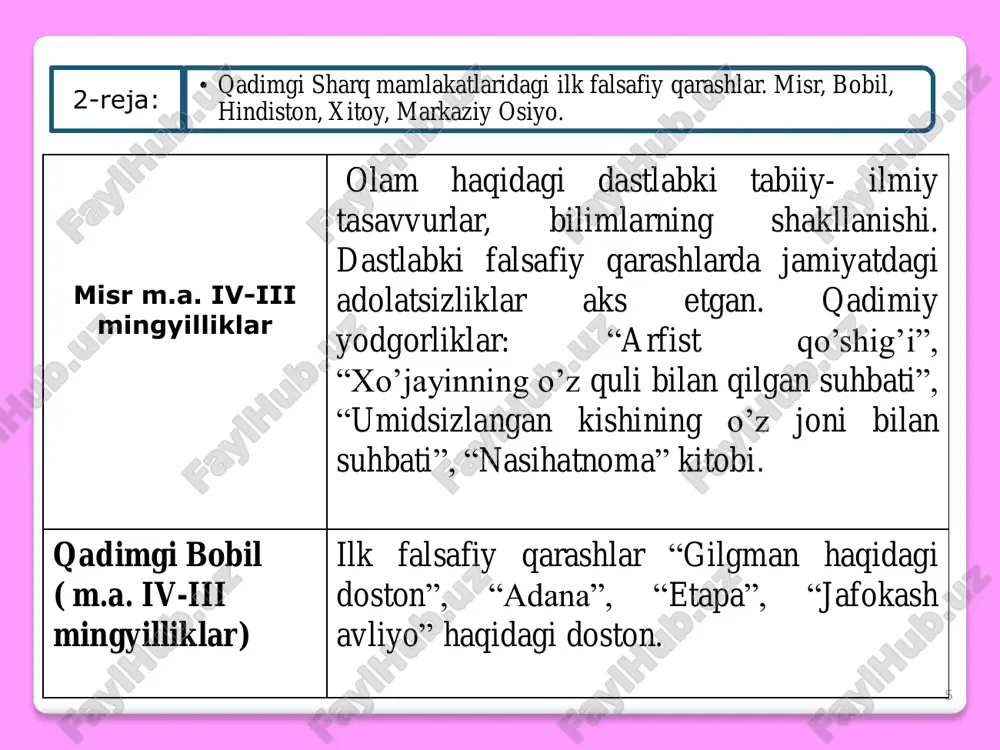 g uning a’zolari boshka bir xayet formasi va xodisalar uchun kurilish materiali bulib xizmat kiladi; olamdagi tartib, tabiat konunlari, tarix uzgarmaydi, shuning uchun inson xayotining asosiy tamoyili – tinchlik va xarakatsizlik ("u-vey"); imperator mukaddas shaxs, fakat u xudolar va yukori kuchlar bilan ma’naviy alokada bula oladi; imperator shaxsi orkali xitoy va butun insoniyatga «de»-tetiklantiruvchi kuch va ne’mat utadi; inson imperatorga kancha yakin bulsa, shuncha kup «de» unga imperatordan utadi; "dao«ni anglash va "de“ni olish uchun daosizmning barcha konunlariga tulik amal kilish kerak, "dao" bilan birlashib, imperatorga buysunish va unga yakin bulish; baxt va xakikatga olib boradigan yul – xirs va istaklardan ozod bulish. http://en.wikipedia.org/wiki/image:laogod.jpg 12 qadimgi xitoy falsafasi (er.avval asr – eramizning iii asri) falsafiy maktablar daosizm asosiy masalalari: borliqning tuzilishi va shakllari, inson asosiy tushunchalari: dao, de. asoschisi: lao-szi (er.avval vi-v asrlar) konfusiychilik asosiy masalalari: jamiyatni boshqaruv, axloq asosiy tushunchalari: jen, etiket “li” asoschisi: konfusiy legizm asosiy masalalari: jamiyatni …