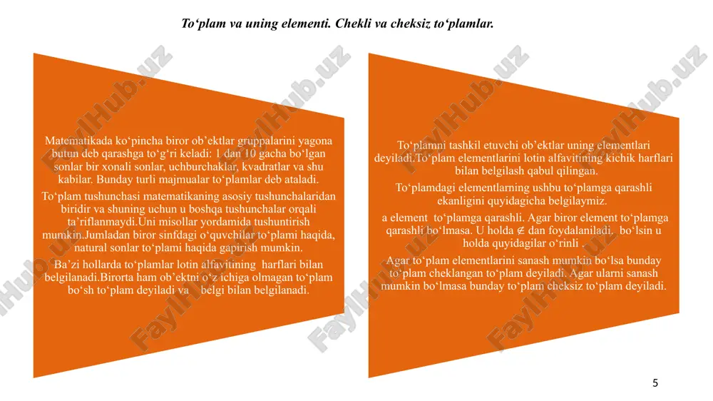 i topish uchun a to‘plamga tegishli bo‘lgan va b to‘plamga tegishli bo‘lmagan elementlarni sanab ko‘rsatish yetarli. 𝑩_𝑨^′=𝑨\𝑩 to‘plamlar va ular ustida amallar 11 12 to'plamlar ustida amallarning xossalari: kommutativlik: • a ∪ b = b ∪ a • a ∩ b = b ∩ a assotsiativlik: • (a ∪ b) ∪ c = a ∪ (b ∪ c) • (a ∩ b) ∩ c = a ∩ (b ∩ c) distributivlik: • a ∪ (b ∩ c) = (a ∪ b) ∩ (a ∪ c) • a ∩ (b ∪ c) = (a ∩ b) ∪ (a ∩ c) identlik elementlar: • a ∪ ∅ = a (bo'sh to'plam birlashma uchun identlik element) • a ∩ u = a (universal to'plam kesishma uchun identlik element) to'ldiruvchining xossalari: • a ∪ a' = u • a ∩ a' = ∅ • (a')' = a (ikkilamchi to'ldiruvchi) de morgan qonunlari: • (a …