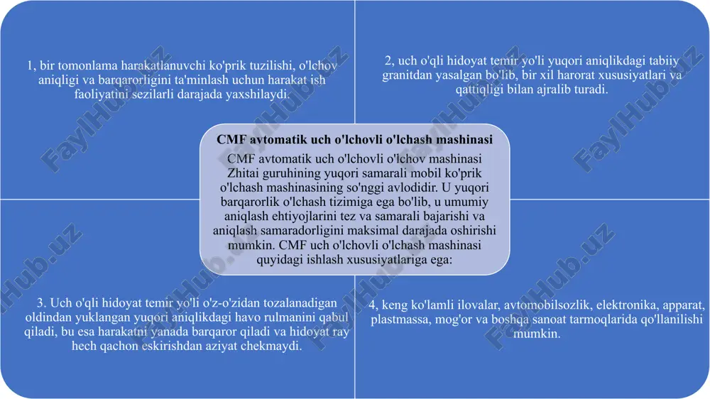 nlarida mexanik problar patnisning oxirida maxsus ushlagichga o'rnatildi. juda qattiq tekshiruv natijasi o'ng qanotni lehim bilan milning oxirigacha bajarish orqali amalga oshirildi. bu tekis, silindrsimon yoki sferik yuzalarni o'lchash uchun ideal edi. boshqa problar o'ziga xos xususiyatlari o'lchash uchun maxsus shakllar, masalan, kadrandalar uchun asos bo'ldi. ushbu problar jismning oldingi qismida, 3-eksa diapazonli o'qishdan (dro) yoki ko'proq rivojlangan tizimlarda, oyoq-qo'riqchiroq yoki shunga o'xshash qurilma yordamida kompyuterga kirgan holda, ish joyiga nisbatan jismonan ushlab turilgan. ushbu kontakt usuli yordamida o'lchangan o'lchovlar tez-tez ishonchsizdir, chunki mashinalar qolda harakatlantirildi va har bir operator operatorda turli xil bosimlarni qo'lladilar yoki o'lchov uchun turli xil texnikalar qabul qildilar. (kerak)] xulosa uch koordinatalari o'lchash mashinasi (uom) yoki uch o'lchovli o'lchash apparati — bu muhandislik va ishlab chiqarish sohalarida ishlatiladigan aniq o'lchovlar olish uchun mo'ljallangan asbob. u asosan uch o'lchovli (3d) ob'ektlarning o'lchovlarini, shaklini va joylashuvini aniqlashda qo'llaniladi. ushbu apparatning asosiy vazifalari va ishlash prinsiplari quyidagilardan iborat: …