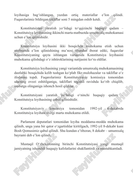 ong va huquqiy madaniyat, milliy oʻzlik va azaliy qadriyatlar, bu koʻhna zamin odamlari koʻnglida ustuvor boʻlgan adolat va odillik, iymon va olijanoblik, bagʻrikenglik va mardlik, insonparvarlik va tantilik kabi ulugʻ xislatlar konstitutsiyadan munosib oʻrin olgan. keyingi davrda oʻzbekiston respublikasi konstitutsiyasiga 7 marotaba muhim oʻzgartirishlar kiritildi. sud hokimiyatining konstitutsiyaviy asoslarini takomillashtirish birinchi oʻzgartirish: 2017-yil 6-aprelda konstitutsiyaning 7 ta moddasiga kiritilgan tuzatishlarda quyidagi 3 ta ustuvor vazifa: - fuqarolarning huquq va erkinliklarini ishonchli himoya qilish kafolatlarini kengaytirish; - odil sudlovga erishish darajasini, sud ish yurituvining samaradorligi va sifatini oshirish; - nomzodlarni tanlash va sudyalar lavozimlariga tayinlash tizimini yana-da takomillashtirish – sud-huquq sohasida amalga oshirilayotgan islohotlarning muhim yoʻnalishlari sifatida mustahkamlab qoʻyildi. mazkur konstitutsiyaviy oʻzgartirishlar sud tizimini boshqarishdagi bir-birini takrorlovchi funksiyalarni bartaraf etishga hamda yagona sud amaliyotini shakllantirishga xizmat qilishi bilan katta ahamiyatga ega boʻldi. shu maqsadda konstitutsiyaning 80, 81, 83, 93, 107, 110, 111-moddalariga tegishli oʻzgartishlar va qoʻshimcha kiritildi. ushbu tuzatishlarga muvofiq, oliy …