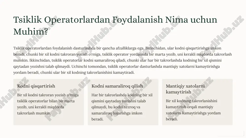 hi qadamda biz massivni e'lon qilamiz va unga qiymatlar beramiz. masalan, "int sonlar[5] = {1, 2, 3, 4, 5};" deb yozib, "sonlar" nomli 5 elementli massiv yaratamiz va unga 1 dan 5 gacha qiymatlar beramiz. tsiklda yurish keyingi qadamda "for" tsikli yordamida massivning har bir elementiga kirishni amalga oshiramiz. tsikldagi "hisoblagich" o'zgaruvchisi massivning har bir elementiga tegishli indeksni ko'rsatadi. elementlar bilan ishlash har bir elementga kirganda, biz bu element bilan kerakli amallarni bajarish mumkin. masalan, biz elementni ekranga chiqarish, o'zgartirish yoki boshqa operatsiyalarni bajarish mumkin. 15 ikki o'lchovli massivlar bilan for tsiklidan foydalanish ikki o'lchovli massivlar satrlar va ustunlar bo'yicha tartiblashgan ma'lumotlar to'plamini ifodalaydi. nested tsikllar ikki o'lchovli massivlarning har bir elementini qayta ishlash uchun bir-birining ichida joylashgan ikkita "for" tsikli ishlatiladi. birinchi tsiklda satrlar bo'ylab yuradi, ikkinchi tsiklda esa har bir satrda joylashgan ustunlar bo'ylab yuradi. 16 ichma-ich for tsikllaridan foydalanish takrorlash ichma-ich tsikllar ko'p o'lchovli massivlar yoki boshqa …