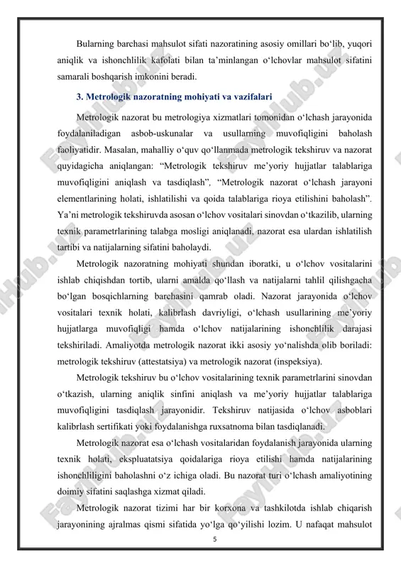 jasi tekshiriladi. amaliyotda metrologik nazorat ikki asosiy yo‘nalishda olib boriladi: metrologik tekshiruv (attestatsiya) va metrologik nazorat (inspeksiya). metrologik tekshiruv bu o‘lchov vositalarining texnik parametrlarini sinovdan o‘tkazish, ularning aniqlik sinfini aniqlash va me’yoriy hujjatlar talablariga muvofiqligini tasdiqlash jarayonidir. tekshiruv natijasida o‘lchov asboblari kalibrlash sertifikati yoki foydalanishga ruxsatnoma bilan tasdiqlanadi. metrologik nazorat esa o‘lchash vositalaridan foydalanish jarayonida ularning texnik holati, ekspluatatsiya qoidalariga rioya etilishi hamda natijalarining ishonchliligini baholashni o‘z ichiga oladi. bu nazorat turi o‘lchash amaliyotining doimiy sifatini saqlashga xizmat qiladi. metrologik nazorat tizimi har bir korxona va tashkilotda ishlab chiqarish jarayonining ajralmas qismi sifatida yo‘lga qo‘yilishi lozim. u nafaqat mahsulot sifati, balki ishlab chiqarish xavfsizligi, ekologik barqarorlik va energiya samaradorligi kabi omillar bilan ham uzviy bog‘liqdir. metrologik nazoratning asosiy vazifalari quyidagilardan iborat o‘lchovlarning birligini va aniqligini ta’minlash. o‘lchov vositalarini davlat ro‘yxatidan o‘tkazish, sinovdan o‘tkazish va kalibrlashni tashkil etish. ishlab chiqarish jarayonida o‘lchov natijalarining ishonchliligini tekshirish va baholash. me’yoriy hujjatlar (gost, o‘z …
