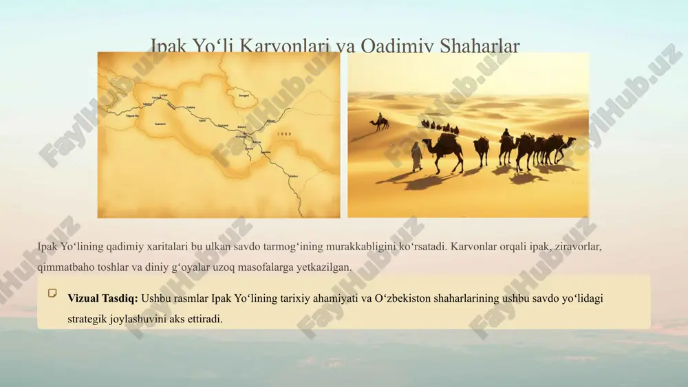 tadbirlar oʻzbekistonni faol va jozibador turistik yoʻnalish sifatida dunyoga tanitishga yordam beradi. 1.7.2013 9 ‹#› xulosa: buyuk ipak yoʻli — oʻzbekiston turizmining kelajagi ipak yoʻli oʻzbekistonning turizm sanoati uchun asosiy aktiv boʻlib qolmoqda, u tarix, madaniyat va zamonaviy taraqqiyotni bogʻlaydi. strategik ustunliklar oʻzbekistonning boy tarixiy merosi va madaniy boyliklari turizm brendining asosiy ustunligidir. qadimiy yoʻllar va ziyoratgohlar zamonaviy turizm infratuzilmasi bilan uygʻunlashtirilmoqda. kelajakdagi imkoniyatlar barqaror rivojlanish va innovatsion yondashuvlar orqali o‘zbekistonni jahon turizm xaritasida yanada yuksaltirish mumkin. turizm sohasi oʻzbekiston iqtisodiy oʻsishining muhim drayveri boʻlib xizmat qiladi. 1.7.2013 10 ‹#› e’tiboringiz uchun rahmat! image1.png image2.png image3.png image4.png image5.png image6.png image7.png image8.png image9.svg image10.png image11.svg image12.png image13.svg image14.jpeg image15.jpeg image16.jpeg image17.jpeg image18.png image19.png image20.png image21.png image22.svg image23.png image24.svg image25.png image26.svg image27.png image28.png /docprops/thumbnail.jpeg