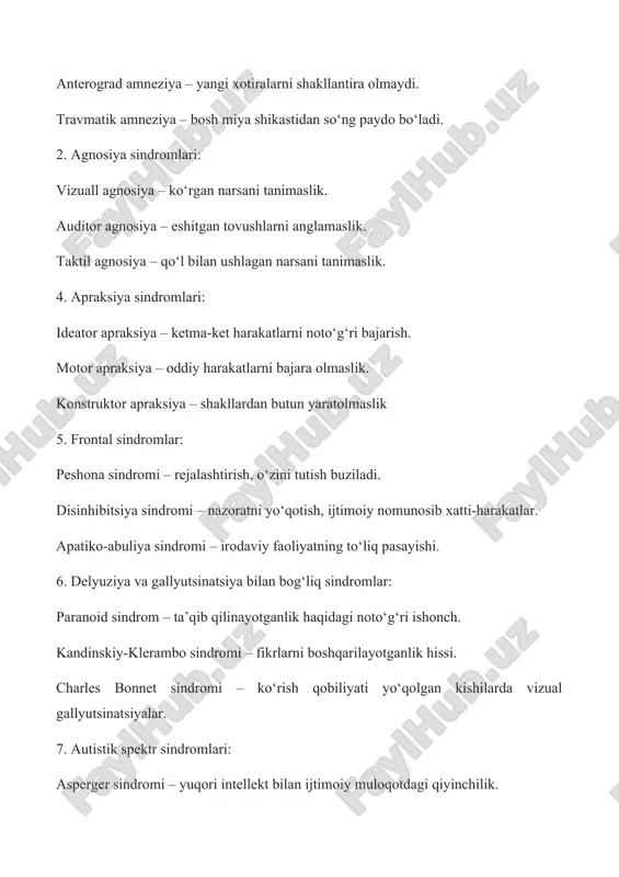 iyaning buzilishi. • neyropsixologik sindrom – kelib chiqish mexanizmi bir-biriga bog ‘liq bo ‘lgan bir nechta neyropsixologik simptomlar yig‘indisi. • neyropsixologik faktor – neyropsixologik sindromni yuzaga keltiruvchi etiologik omil. • sindrom analizi (faktor analizi) – morfofunksional tuzilmalar zararlanishi sababli yuzaga kelgan neyropsixologik buzilishlarni aniqlash usuli. • neyropsixologik tashxis – bosh miyaning lokal va diffuz zararlanishlarida topik tashxisni aniqlash maqsadida o ‘tkaziladigan neyropsixologik tekshiruvlar natijasida olingan xulosa. • oliy ruhiy funktsiyalar lokalizatsiyasi– bosh miyaning ma ’lum bir sohasini aniq bir oliy ruhiy funksiyaga mas’ulligini ko‘rsatib beruvchi tushuncha. 2.2. miya va psixik funksiyalar bog’liqligi. neyropsixologiya– klinik (tibbiy) psixologiyaning bir bo`limi bo`lib, oliy ruhiy funksiyalarni o ` rganuvchi fan. oliy ruhiy funksiyalarga– nutq, praksis, gnozis, xotira, ong, tafakkur kabi faqat inson uchun xos bo `lgan funksiyalar kiradi. • bosh miyaning oliy ruhiy funksiyalar uchun mas`ul sohasi– bu bosh miya kata yarim sharlari po`stlog`idir. luriya miya faoliyati va ruhiy jarayonlar (xotira, nutq, tafakkur, harakat, …