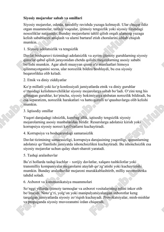 ha talqin qiladi. bu nazariyalar siyosiy fanlar, sotsiologiya, psixologiya va tinchlikshunoslik sohalarida keng qo‘llaniladi. ular mojarolarning kelib chiqish sabablari, rivojlanish bosqichlari va ularni qanday boshqarish kerakligini tushuntiradi. 1. realistik nazariya realistik yondashuvga ko‘ra, mojarolar insoniyat jamiyatining ajralmas qismidir. bu nazariyada mojarolar resurslar, kuch va manfaatlar uchun raqobat tufayli yuzaga keladi, deb qaraladi. mojarolarni bartaraf etish uchun kuchlar muvozanatini ta’minlash, ya’ni har bir tomon o‘z manfaatini himoya qilish imkoniga ega bo‘lishi lozim. 2. strukturalist yondashuv bu nazariya ijtimoiy va siyosiy tizimdagi tuzilmaviy nomutanosibliklarni mojarolarning asosiy sababi sifatida ko‘radi. ya’ni, tengsizlik, ekspluatatsiya va diskriminatsiya kabi tizimli muammolar mojarolarga olib keladi. mojaroni hal qilish uchun bu strukturaviy sabablarni bartaraf etish lozim: ijtimoiy islohotlar, iqtisodiy adolat va siyosiy ishtirokni kengaytirish zarur. 3. interaktiv (psixologik) nazariya bu yondashuv mojarolarning psixologik va kommunikativ jihatlarini o‘rganadi. mojarolar ko‘pincha noto‘g‘ri tushunish, stereotiplar, noto‘g‘ri aloqa va ishonchsizlikdan kelib chiqadi. shuning uchun dialog, tushunish, empatiya va vositachilik bu yerda muhim …