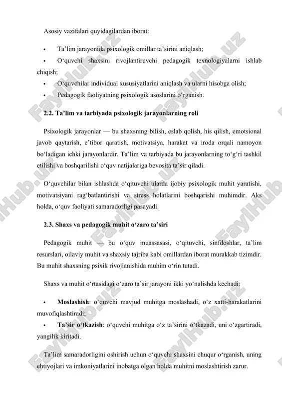 u metod bilimlarni aniqlashda, psixologik diagnostika o‘tkazishda keng qo‘llaniladi. · suhbat va intervyu: suhbat yoki intervyu yordamida o‘quvchi yoki uning atrof-muhiti bilan to‘g‘ridan-to‘g‘ri muloqot qilib, uning psixologik holatini, muammolarini aniqlash mumkin. bu metod orqali shaxsning ichki dunyosiga chuqur kirish imkoniyati yaratiladi. 3. matematik va statistik metodlar: · statistik tahlil: bu metod yordamida o‘quvchilarning psixologik holatini, rivojlanish jarayonlarini statistik ko‘rsatkichlar yordamida o‘rganish mumkin. pedagogik psixologiyada bu metod o‘quvchilarning muvaffaqiyatlari, xatti-harakatlari va o‘zgarishlarining o‘rganilishini osonlashtiradi. · korrelatsion tahlil: o‘quvchilar o‘rtasidagi psixologik o‘zgarishlar va xulq-atvorlar orasidagi o‘zaro bog‘liqliklarni o‘rganish uchun ishlatiladi. bu metod o‘quvchilarning xulq-atvoriga ta’sir etuvchi psixologik omillarni aniqlashda foydalidir. 4. amaliy metodlar: · o‘quv jarayonini tashkil etish metodlari: pedagogik psixologiyada o‘quvchi shaxsining rivojlanishiga ta’sir etuvchi omillarni boshqarish va o‘quv jarayonlarini tashkil etishda foydalaniladi. bu metodlar yordamida o‘quv jarayonini samarali boshqarish, o‘quvchilarning psixologik ehtiyojlariga moslashish mumkin. · psixoterapiya va maslahat berish: o‘quvchilarni psixologik muammolaridan xalos qilish uchun qo‘llaniladigan metodlardir. bu metodlar o‘quvchilarning …