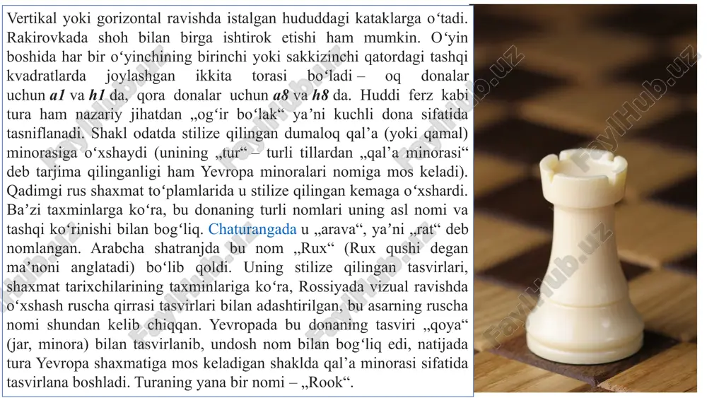 qabul qilingan. qirolning qiymati, albatta, cheksiz hisoblanadi, chunki uni yo'qotish o'yin tugashini bildiradi. piyoda 1 ball: asosiy qurilish materiali. eng zaif, ammo son jihatdan ustun. fil / ot 3.5 ball: yengil donalar. fil ochiq, ot yopiq pozitsiyalarda kuchli. tura 5 ball: og'ir dona. ochiq liniyalarni nazorat qilishda va o'yin yakunida muhim. malika 9 ball: eng kuchli dona. hujumda va himoyada beqiyos. strategik jihatdan, ushbu ballar almashinuv qarorlarini qabul qilishda yordam beradi: 9 balllik malikani 5 balllik tura uchun berish, odatda, yomon almashinuv hisoblanadi (agar bu majburiy harakat bo'lmasa). 9 donalarni to'g'ri qo'llash – g'alabaning kaliti shaxmatda g'alaba nafaqat eng kuchli donalarga ega bo'lish, balki har bir donaning o'ziga xos kuchini va zaif tomonlarini tushunib, ulardan o'z vaqtida va oqilona foydalanishdir. strategik baholash pozitsiyani tahlil qilish va kuchli donalarni (malika, tura) faol joylarga olib chiqish, zaif donalarni (piyodalar) esa himoya devori sifatida ishlatish. donalar hamkorligi donalar bir-birini qo'llab-quvvatlaganda eng kuchli bo'ladi. …