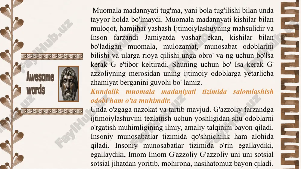 ga oid hamma narsa shu kabi bo'ladi deb aldanib qolmasliklari kerak deb, g'azzoliy ta'kidlaydi. 2. mantiq. bunda ham dinga tegishli narsa yo'qligi, mantiqda aqliy o'lchovlarga nazar solish, burxon muqaddimalari shartlarini o'rganish, ularning tarkibidan xabardor bo'lish zarurligi uqtiriladi. 3. tabiiy ilmlar. bu ilmlarda ham dinga bog'liq narsalar yo'q. ular hammasi tajribaga suyanadigan narsalar. shuning uchun bularni ham inkor qilib bo'lmaydi. imom g'azzoliy o'z asarlarida falsafa va faylasuflarga xolisona baho berishga harakat qildilar. u kishi falsafaga oid ilmlarni oltiga bo'ladilar va ularning har biriga quyidagicha baxo beradilar: 4.siyosiy ilmlar. faylasuflarning bu sohadagi barcha gaplari dunyoviy ishlarga bog'liq narsalardan iborat bo'lib, ularning ko'pi alloh taolo payg'ambarlarga nozil qilgan kitoblardan qolgan gaplardan olganlar. shuning uchun bularning ham din-u diyonatga tegishli joyi yo'q. 5. axloqiy ilmlar. faylasuflarning bu boradagi ko'p gaplari so'fiylarning gaplariga to'g'ri keladi. ulardan islom ta'limotlariga to'g'ri keladiganini olib boshqalarini tark qilish lozim deb ko'rsatgan mutafakkir. 6. ilohiyotga oid ilmlar. bu borada faylasuflar …