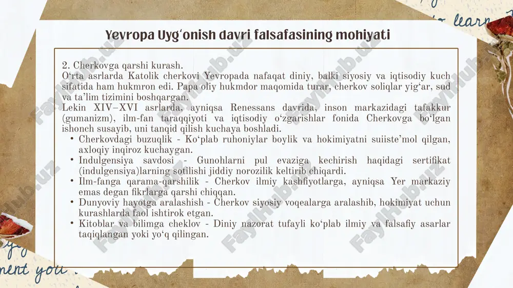 a’limotga zid bo‘lgan kashfiyotlar qilgan. galileo galiley ilmiy yondashuvni ilgari surgan, yer quyosh atrofida aylanadi degan fikri uchun cherkov tomonidan ta’qib qilingan. mashhur faylasuflar va ularning g‘oyalari marsilio ficino (1433–1499) - neoplatonizm asoschisi sifatida platon falsafasini xristian tafakkuri bilan uyg‘unlashtirishga harakat qilgan. giovanni boccaccio (1313–1375) - “dekameron” asari orqali diniy dogmalardan xoli, real hayotiy voqealarni va insoniy ehtiroslarni tasvirlagan. michel de montaigne (1533–1592) - mutlaq haqiqatga shubha bilan qarashni taklif qilgan — bu esa diniy dogmalarga qarshi turishga asos bo‘lgan. jean bodin (1530–1596) - suverenitet nazariyasini ilgari surgan. davlat boshqaruvi diniy emas, huquqiy va dunyoviy asosda bo‘lishi kerak, degan fikrni ilgari surgan. paracelsus (1493–1541) - tibbiyotda an’anaviy (diniy) qarashlarga qarshi chiqqan, ilmiy tajribani ustun qo‘ygan. xulosa yevropa uyg‘onish davri falsafasi inson tafakkurining uyg‘onishi, diniy cheklovlardan ozod bo‘lishi va dunyoviy hayotga yangicha qarash bilan ajralib turadi. bu davrda gumanizm, individualizm, sekulyarizm kabi oqimlar shakllandi. inson markazga chiqdi, uning aqli, ijodkorligi va …