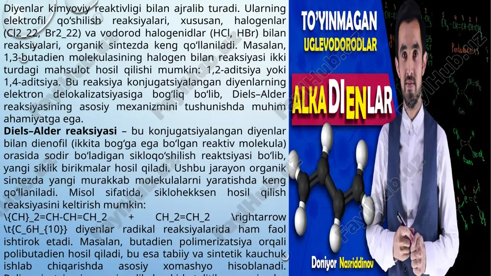 idrogenatsiya va reforming kabi jarayonlarni o‘z ichiga oladi. termik crackingda uzun zanjirli uglevodorodlar yuqori haroratda parchalanib, diyenlar hosil qiladi. katalitik dehidrogenatsiyada esa uglevodorodlar katalizator yordamida selektiv ravishda diyenlarga aylantiriladi. diyenlarning tabiiy manbalari ham mavjud bo‘lib, ular o‘simlik yog‘lari va hayvon yog‘laridan olinadi. diyenlarning qo‘llanilishi nafaqat sanoat, balki ilmiy tadqiqotlar uchun ham muhimdir. konjugatsiyalangan diyenlar organik sintezda yangi molekulalarni yaratishda asosiy xomashyo bo‘lib xizmat qiladi. shu bilan birga, polimerizatsiya va elastomer ishlab chiqarish jarayonlari diyenlarning kimyoviy xossalarini chuqur o‘rganishni talab qiladi. kelajakda diyenlar asosidagi yangi materiallar, yuqori samarali polimerlar va organik birikmalar ishlab chiqarish istiqbollari kengayadi. e’tiboringiz uchun rahmat image3.png image4.jpeg image5.jpeg image6.jpeg image7.jpeg image8.jpeg image9.jpeg image10.jpeg image11.png image1.png /docprops/thumbnail.jpeg
