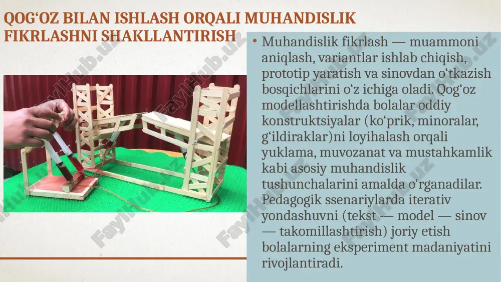 r tashkil qilish, darslarni bloklarga bo‘lib rejalashtirish, onlayn qo‘llanmalar va video-darsliklarni yaratish. bundan tashqari, baholashni osonlashtiruvchi va nazoratni soddalashtiruvchi shablonlar ishlab chiqish muhim qadamdir. xulosa qog‘ozdan modellashtirish steam ta’limining samarali amaliy jihati bo‘lib, maktabgacha yoshdagi bolalarning fazoviy, muhandislik va ijodiy kompetensiyalarini kompleks ravishda rivojlantiradi. tavsiya etiladigan amaliy choralar: metodik paketlar tayyorlash, pedagoglarning malakasini oshirish, xavfsizlik protokollarini joriy etish, ota-onalarni hamkorlikka jalb etish va kompetensiyalarni monitoring qilish tizimini yo‘lga qo‘yish. xulosa qilib aytganda, qog‘oz modellashtirish — bolalar uchun mantiqiy, amaliy va estetik jihatdan boy faoliyat bo‘lib, steam ta’limi maqsadlariga to‘liq mos keladi. e’tiboringiz uchun raxmat! image2.png image5.png image6.png image7.jpeg image8.png image9.png image11.png image12.png image1.png