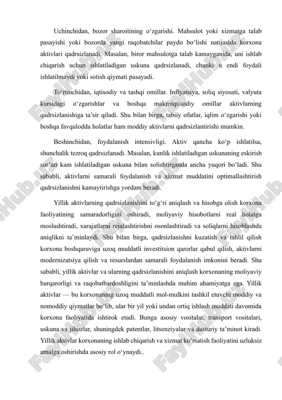 hini aniqlash korxonaning moliyaviy barqarorligi va raqobatbardoshligini ta’minlashda muhim ahamiyatga ega. yillik aktivlar — bu korxonaning uzoq muddatli mol-mulkini tashkil etuvchi moddiy va nomoddiy qiymatlar bo‘lib, ular bir yil yoki undan ortiq ishlash muddati davomida korxona faoliyatida ishtirok etadi. bunga asosiy vositalar, transport vositalari, uskuna va jihozlar, shuningdek patentlar, litsenziyalar va dasturiy ta’minot kiradi. yillik aktivlar korxonaning ishlab chiqarish va xizmat ko‘rsatish faoliyatini uzluksiz amalga oshirishda asosiy rol o‘ynaydi.. 2 qadrsizlanishni aniqlash usullari (lineer, degresiv, ishlab chiqarishga bog‘liq). qadrsizlanishni aniqlash usullari korxona aktivlarining moliyaviy hisobotlarda to‘g‘ri aks etishi va ularning qiymatini real holatga moslashtirish uchun muhim ahamiyatga ega. qadrsizlanish aktivning foydali ishlash muddati davomida uning iqtisodiy qiymati pasayishini ifodalaydi. uni aniqlashning bir necha asosiy usullari mavjud: lineer, degresiv va ishlab chiqarishga bog‘liq usullar. har bir usulning o‘z xususiyati va hisob-kitob tamoyillari mavjud bo‘lib, korxona faoliyati va aktivning tabiati bilan bog‘liq holda tanlanadi. lineer usul eng sodda va keng qo‘llaniladigan usullardan …