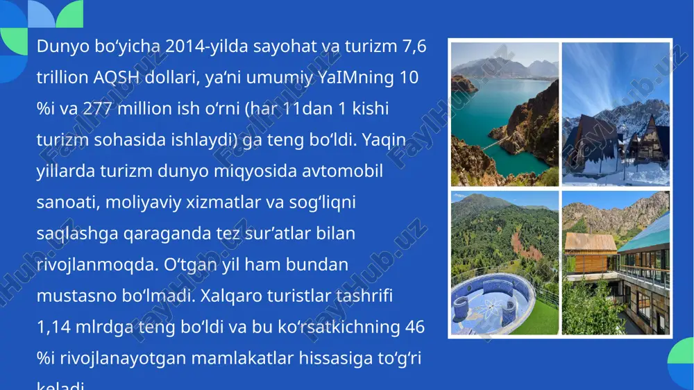 rayoniga kirishdi. davlatlar pandemiya sharoitida yangi strategiyalar ishlab chiqib, raqamli texnologiyalarni keng qo‘llay boshladilar, masalan, elektron viza tizimlari, onlayn turistik xizmatlar va xavfsizlik choralari yanada kuchaytirildi. zamonaviy turizm texnologik yangiliklar bilan chambarchas bog‘liq bo‘lib, sun’iy intellekt, blokcheyn, virtual reallik va boshqa innovatsiyalar turistik xizmatlar sifatini oshirishda keng qo‘llanmoqda 02 onlayn bron qilish tizimlari va mobil ilovalar sayyohlarning sayohat qilishini osonlashtirmoqda, shuningdek, turizmda "yashil texnologiyalar" va ekologik toza xizmatlar jadal rivojlanmoqda. turizm jahon iqtisodiyotining muhim harakatlantiruvchi kuchlaridan biri bo‘lib, mamlakatlarning iqtisodiy barqarorligi va rivojlanishiga sezilarli ta’sir ko‘rsatadi. sayyohlik sohasi nafaqat iqtisodiy daromad, balki madaniy almashinuv, infratuzilma rivoji va bandlik darajasining oshishiga ham katta hissa qo‘shadi. shu bois, davlatlar turizmni strategik sektor sifatida rivojlantirishga alohida e’tibor qaratmoqda 03 turizm jahon iqtisodiyotining eng dinamik va tez rivojlanayotgan tarmoqlaridan biri bo‘lib, u davlatlarning iqtisodiy barqarorligi, infratuzilma rivoji va bandlik darajasiga katta ta’sir ko‘rsatadi. ushbu soha turli mamlakatlar o‘rtasidagi iqtisodiy va madaniy aloqalarni mustahkamlash bilan …