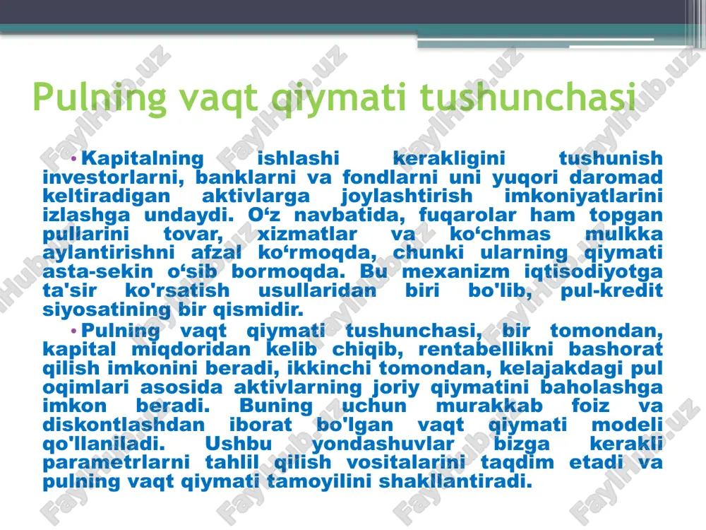 ti qanday o'zgarishini ko'ramiz. yig'ilgan kapitallashuv yillik foizlar omonat summasi omonatning vaqtinchalik qiymatini baholash grafikdan ko'rinib turibdiki, 20 yil ichida hisobdagi mablag' 2,7 barobarga, 100 so’mdan 271 so’mgacha oshadi. qabul qilingan foizlar kapitallashtirilganligi sababli, yangilarini to'plash uchun asos o'sib boradi. agar birinchi yil uchun olingan foizlar miqdori 5 so’m bo'lsa, unda 10 yildan keyin hisob-kitob 8 so’mni, 20 yildan keyin esa 13 so’mni tashkil qiladi. aksariyat bank depozitlari hisobvaraq bo'yicha oylik foizlarni o'z ichiga olganligi sababli, qiymatni baholash uchun quyidagi formuladan foydalanilgan: 271 = 100 × (1 + 0,05 / 12) 20 × 12; ushbu hisob-kitobdan kelib chiqadigan umumiy xulosa shuni anglatadiki, biz bugungi kunda bankka qo'ygan 100 so’m 20 yildan keyin 271 so’mga tushadi. kredit xarajatlarini baholash pulning vaqt qiymatini baholash bank kreditiga nisbatan ham amalga oshirilishi mumkin. 20 yil muddatga yillik 8% 100 so’m miqdorida annuitet, har oyda to'lanadigan teng to'lovlar bilan kredit misolini ko'rib chiqamiz. asosiy qarz …